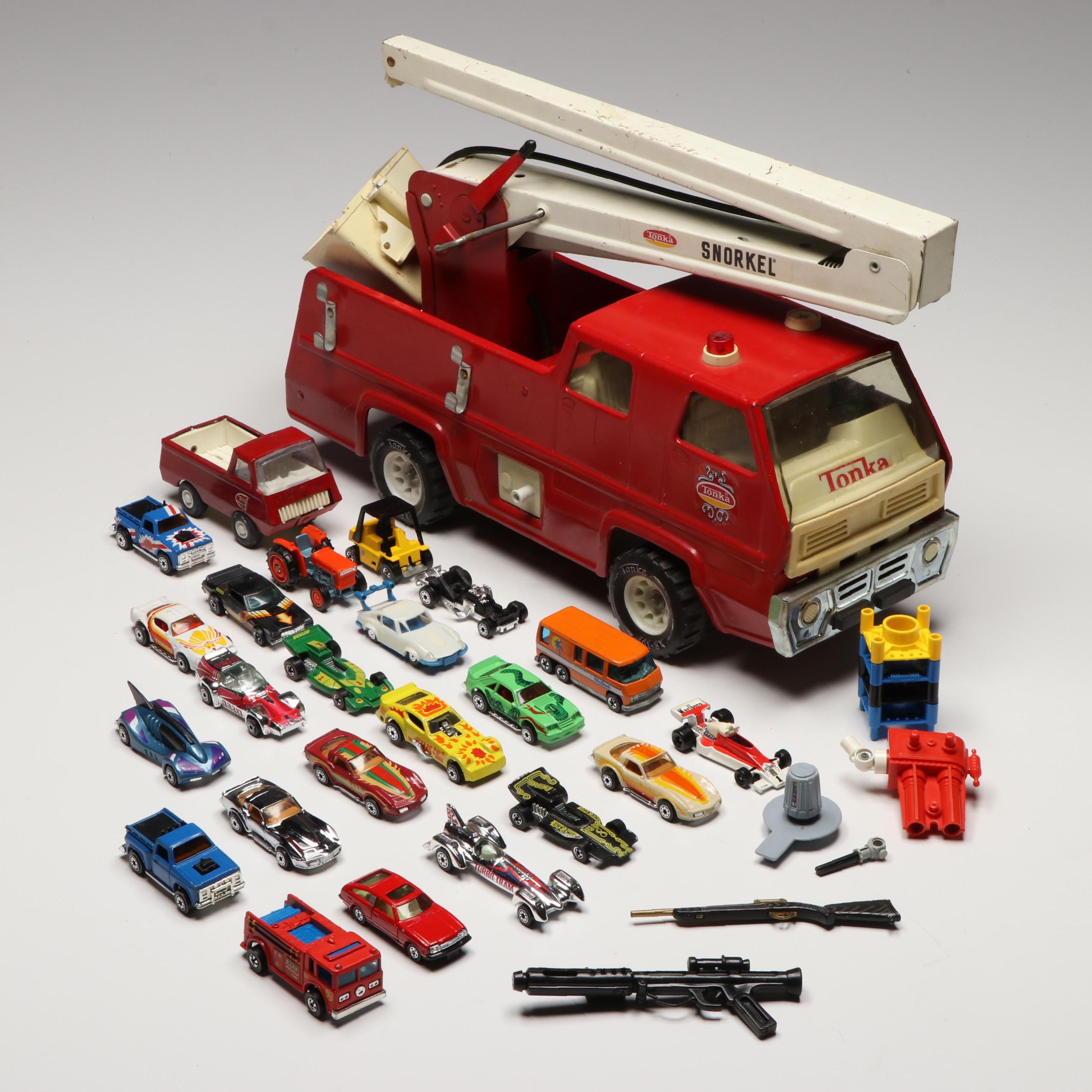 Tonka Snorkel Fire Truck with Hot Wheels and Other Vintage Toy Cars