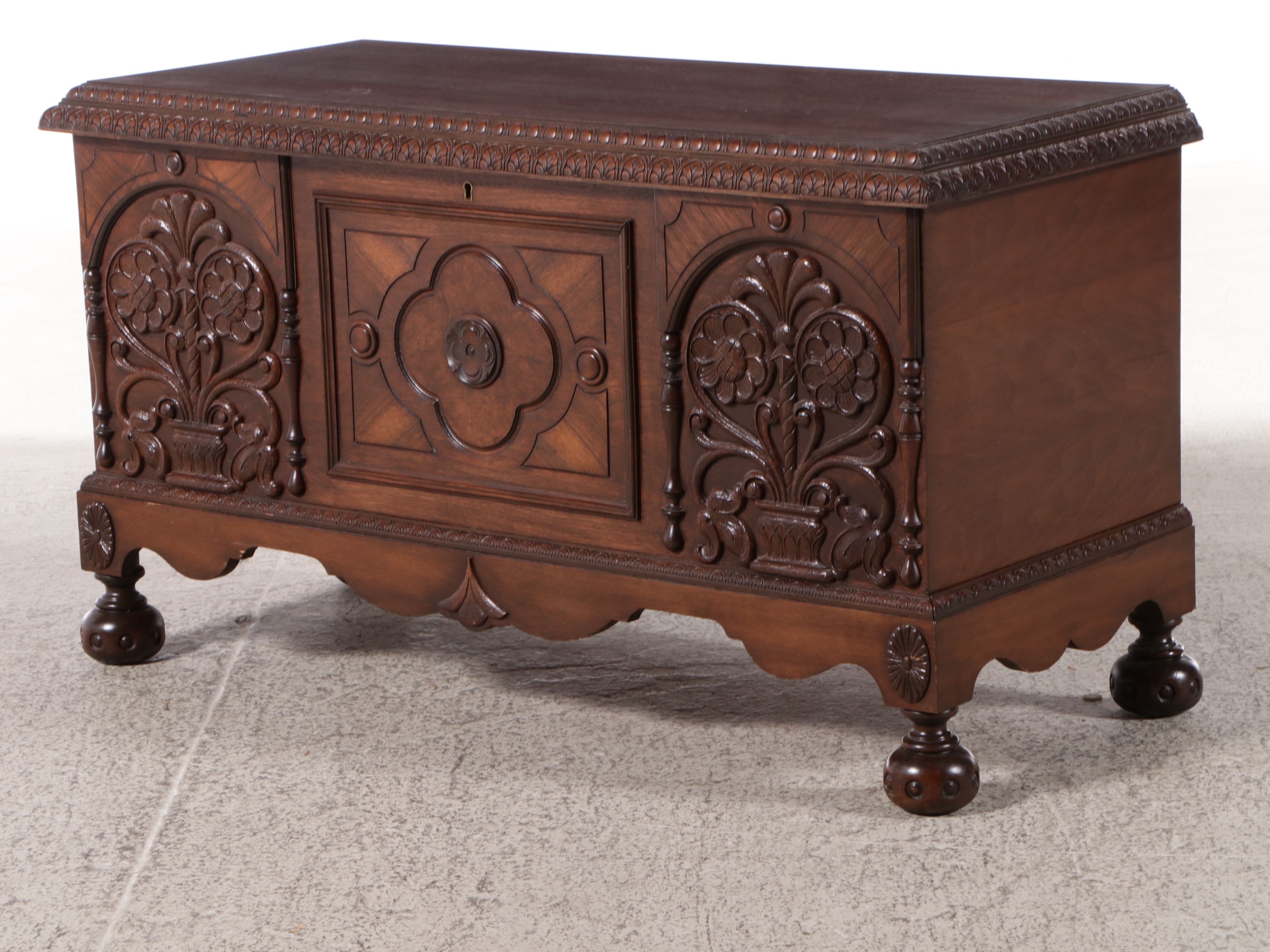 Caswell-Runyan Co. Jacobean Style Walnut and Cedar Lined Chest