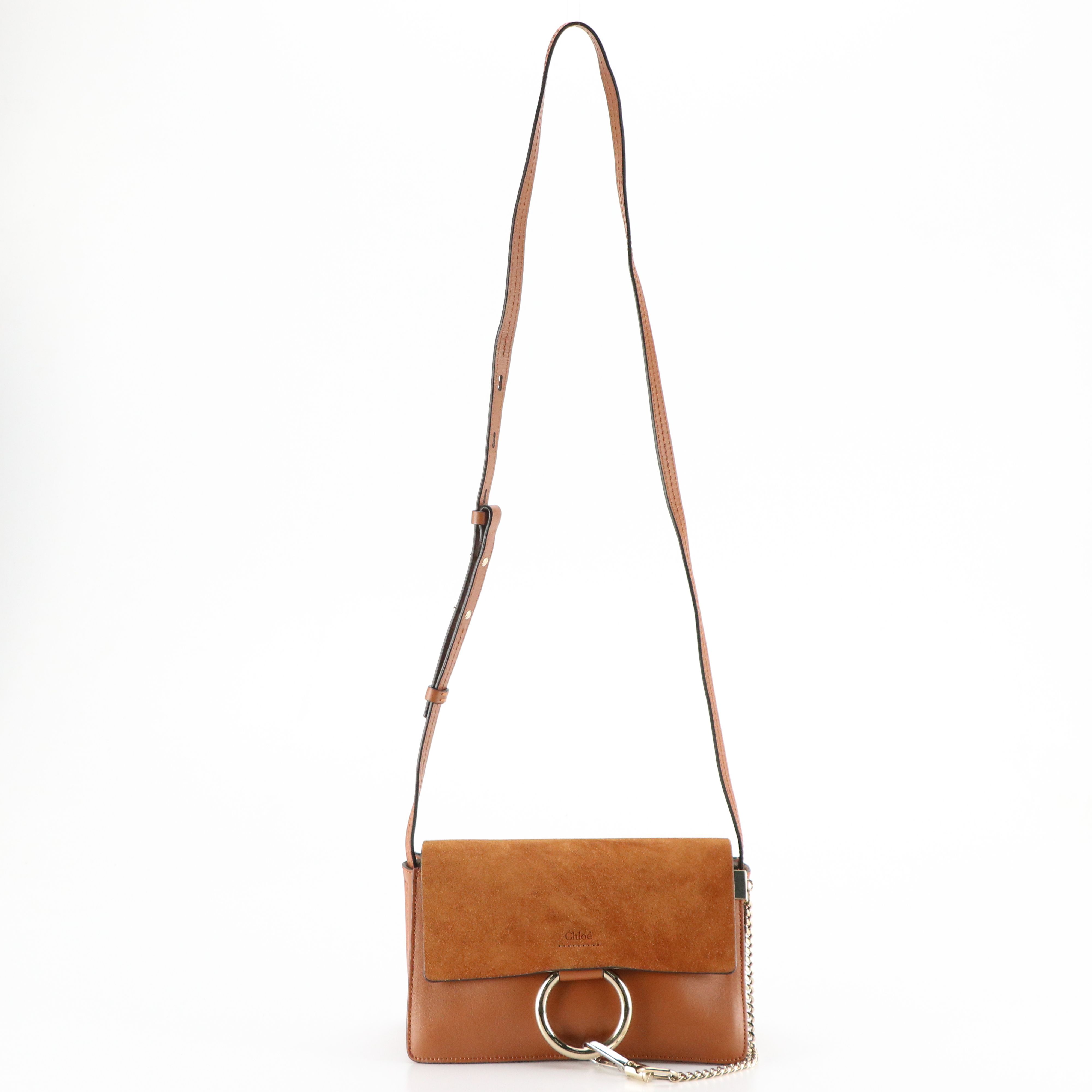 Chloé Small Faye Crossbody Bag in Caramel Brown Calfskin Leather and Suede