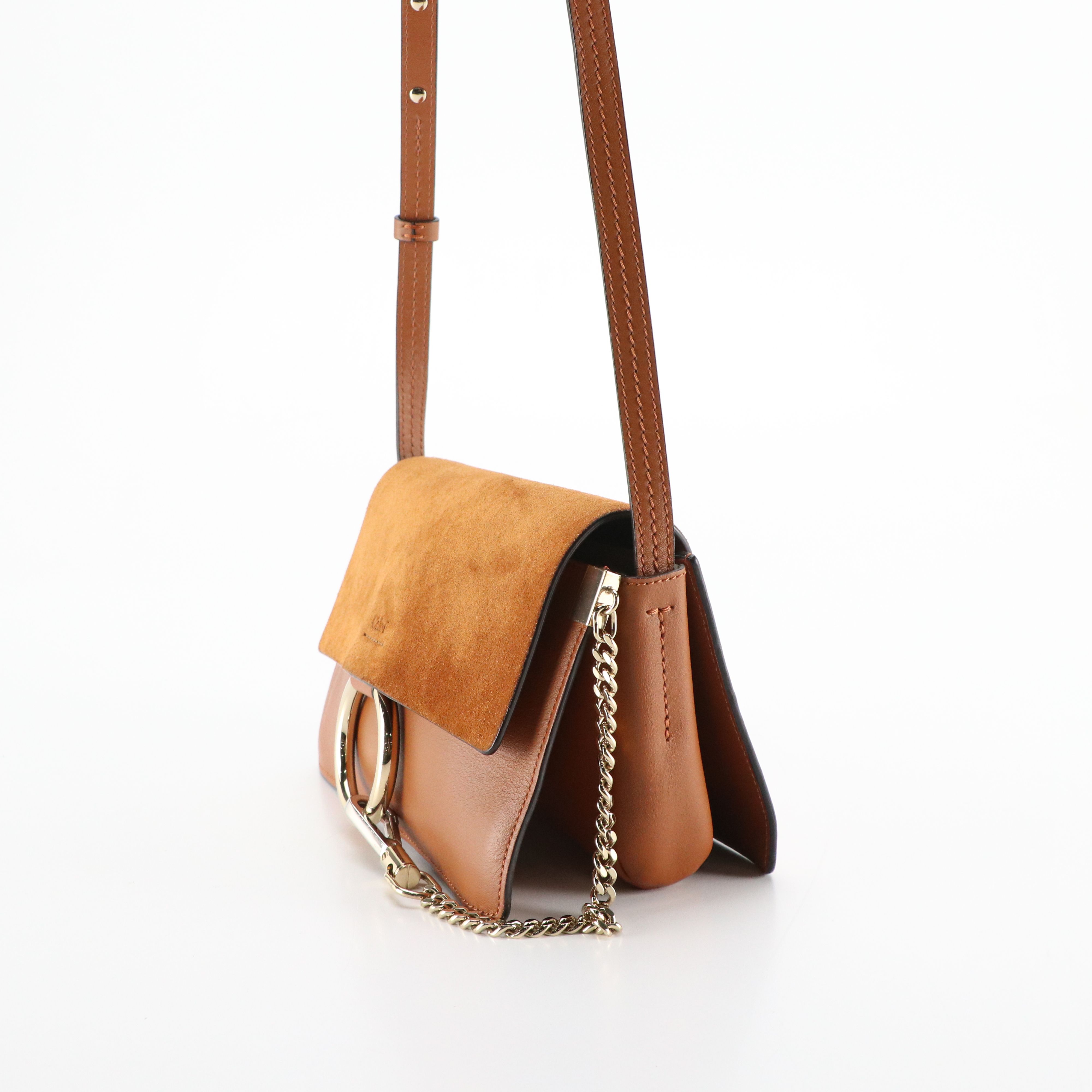 Chloé Small Faye Crossbody Bag in Caramel Brown Calfskin Leather and Suede