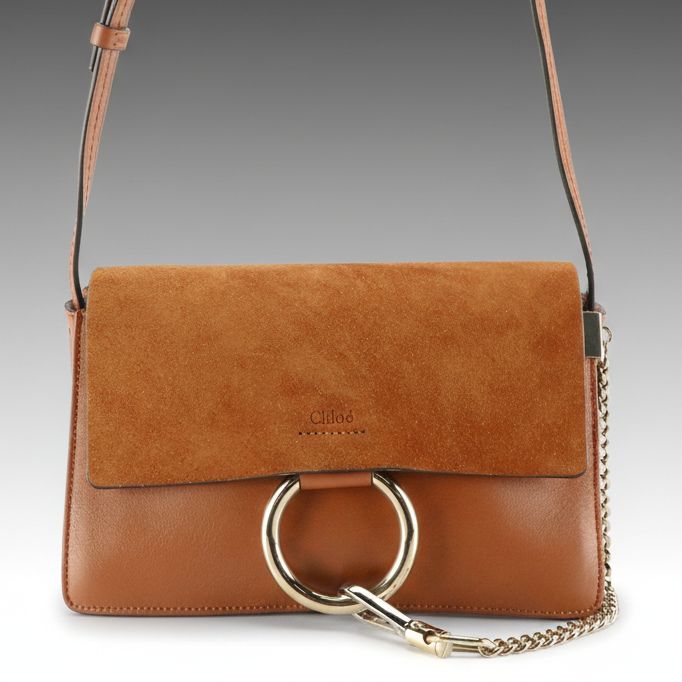 Chloé Small Faye Crossbody Bag in Caramel Brown Calfskin Leather and Suede