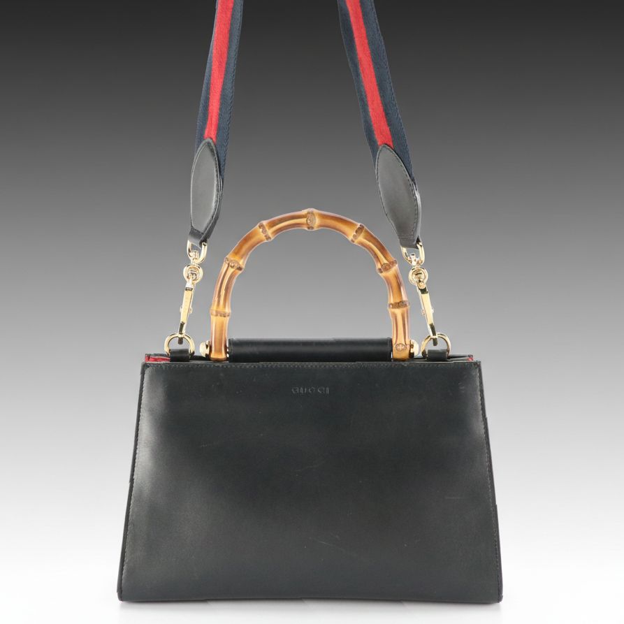 Gucci Mini Nymphaea Bamboo Top Handle Bag in Black and Red Leather