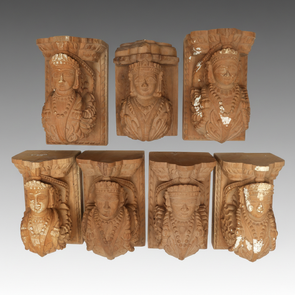 Indian Carved Wood Hindu Deity Column Brackets