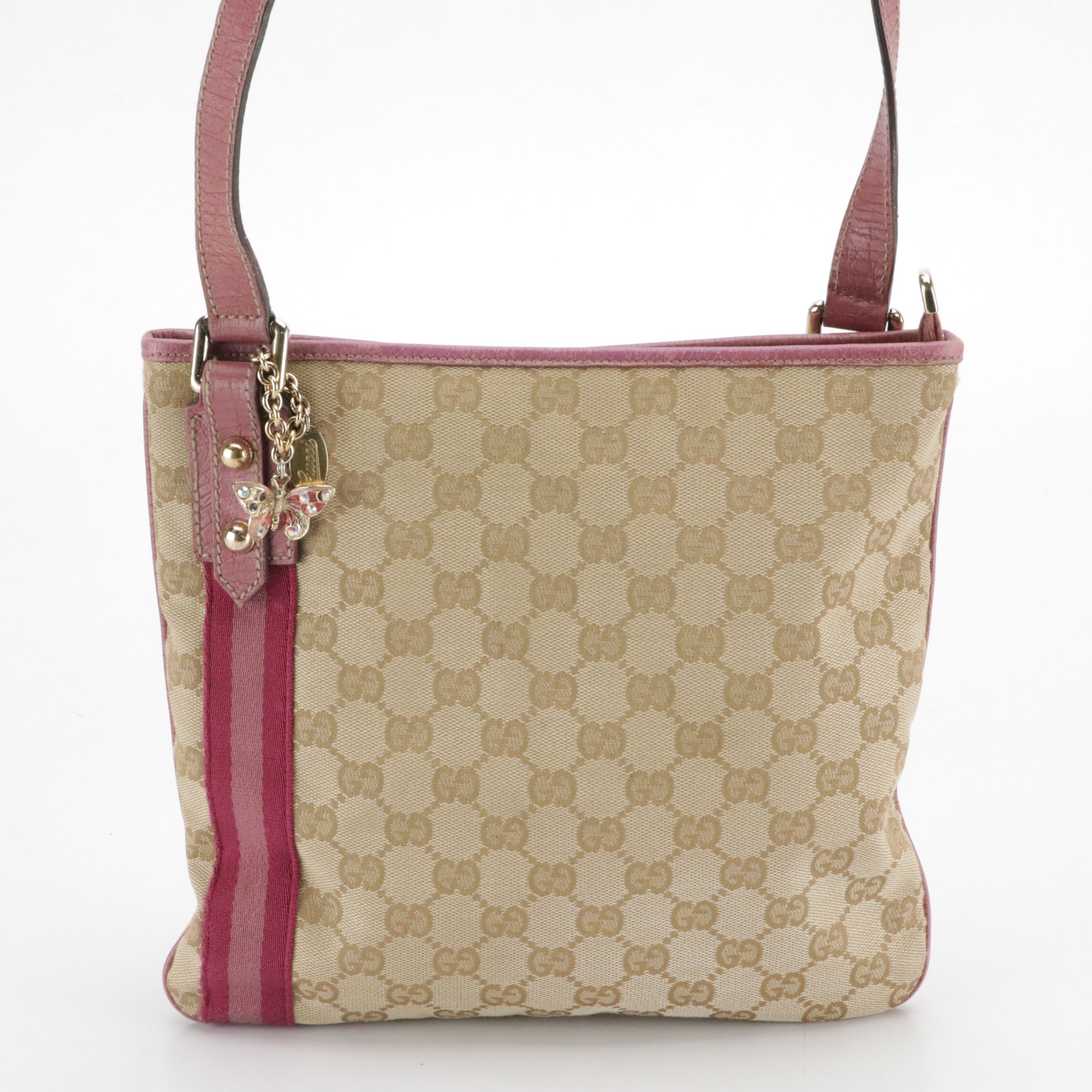 Gucci Jolicoeur Crossbody Messenger Bag in GG Canvas and Pink Leather Trim