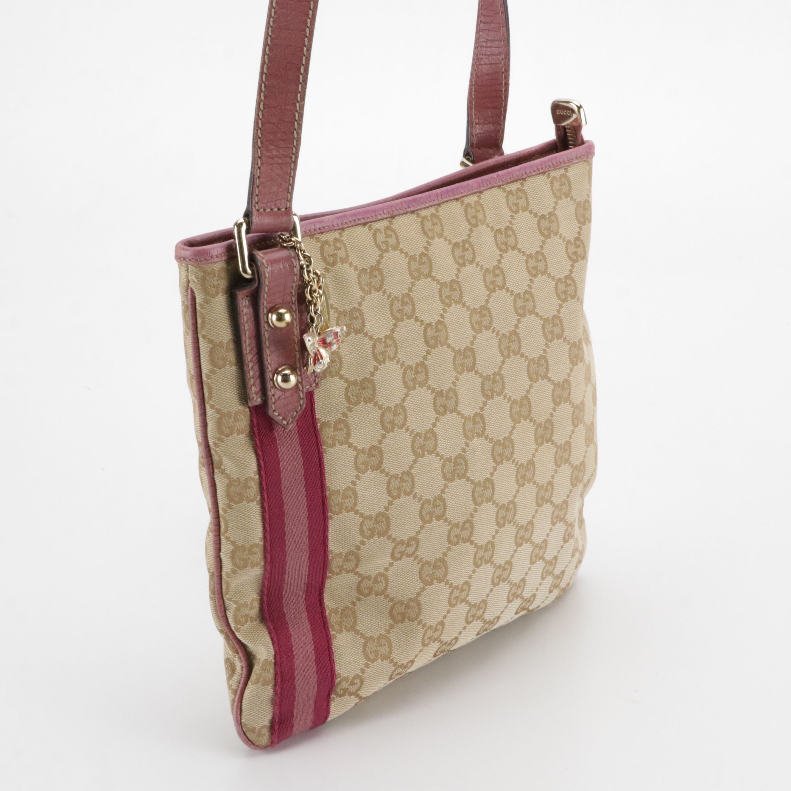 Gucci Jolicoeur Crossbody Messenger Bag in GG Canvas and Pink Leather Trim