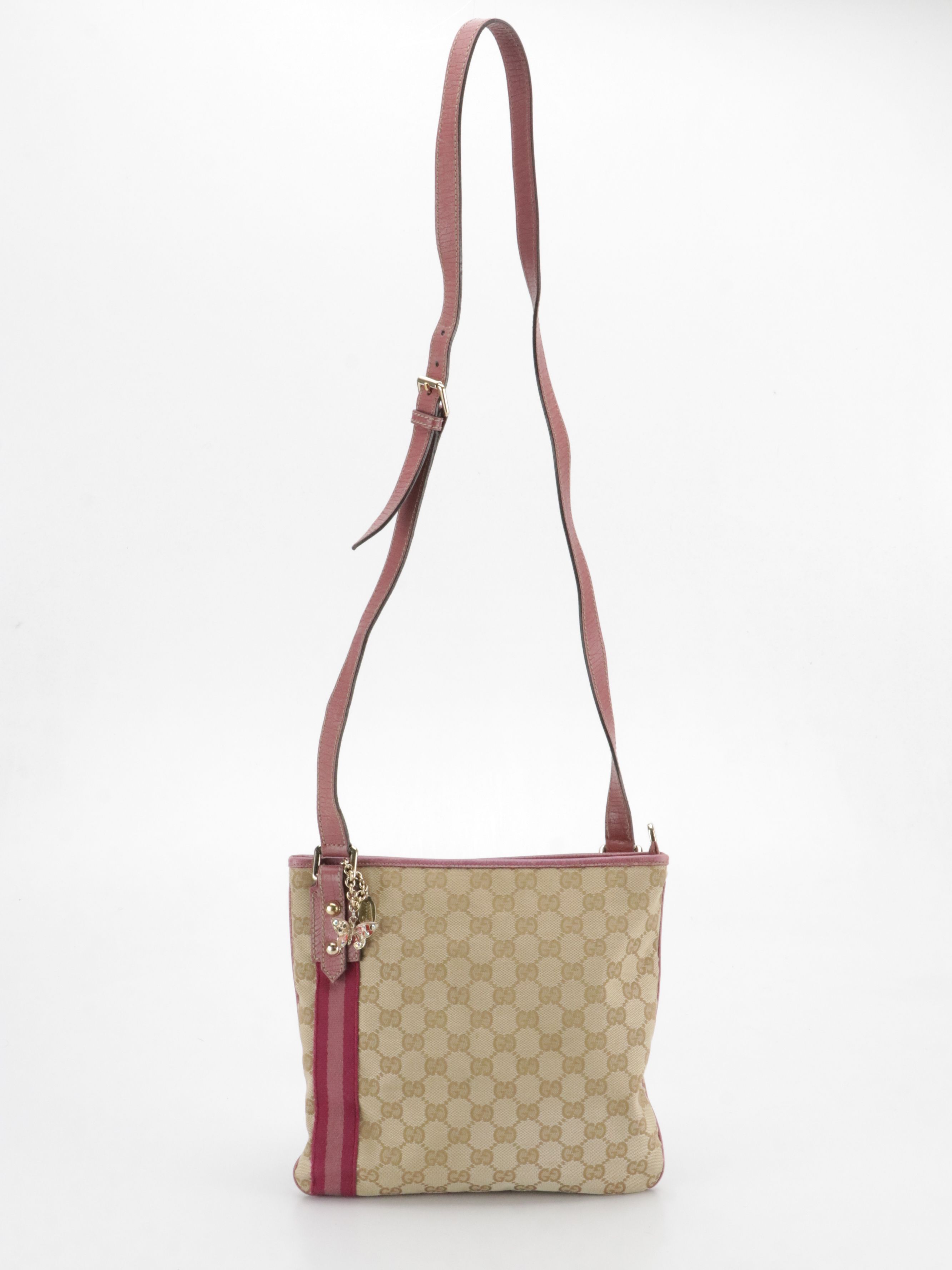 Gucci Jolicoeur Crossbody Messenger Bag in GG Canvas and Pink Leather Trim