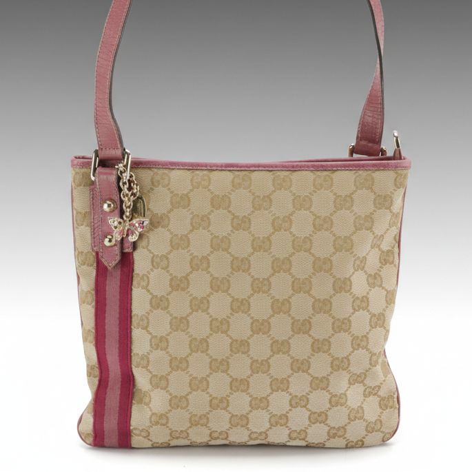 Gucci Jolicoeur Crossbody Messenger Bag in GG Canvas and Pink Leather Trim