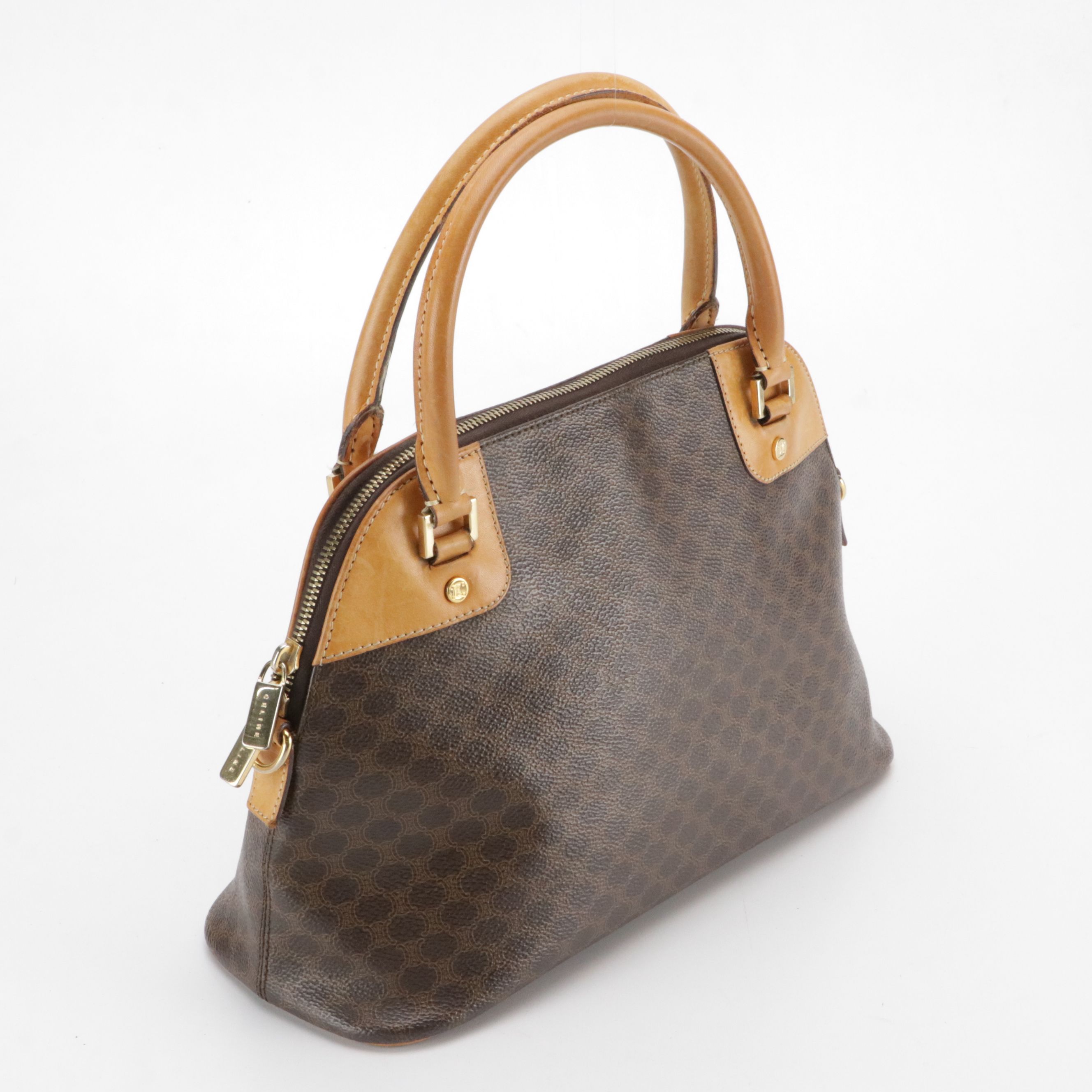 Celine Dome-Top Handbag in Macadam Canvas and Brown Leather