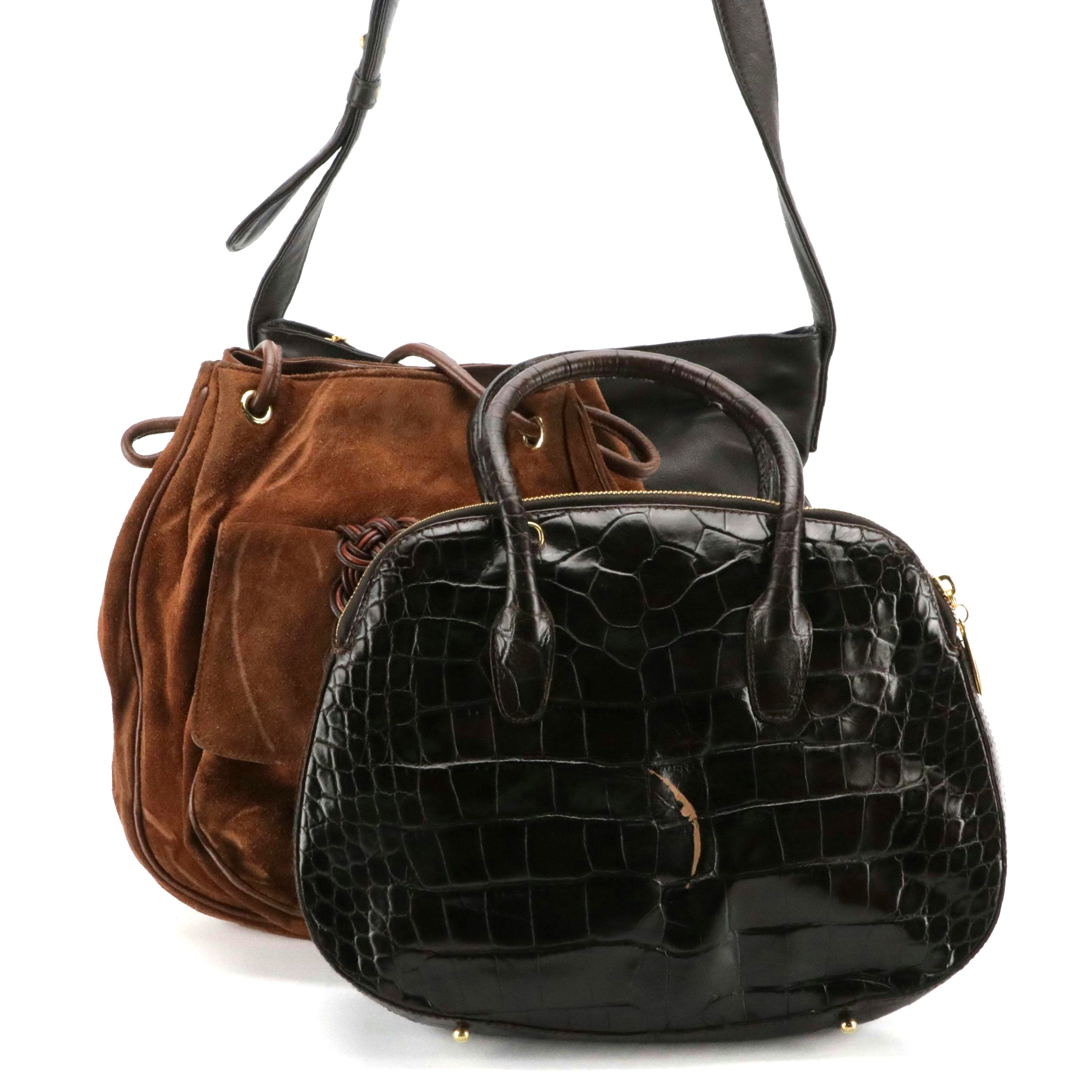 Donna Karan Brown Leather Shoulder Bag and Croc Embossed 2Way Bag, Other Bag