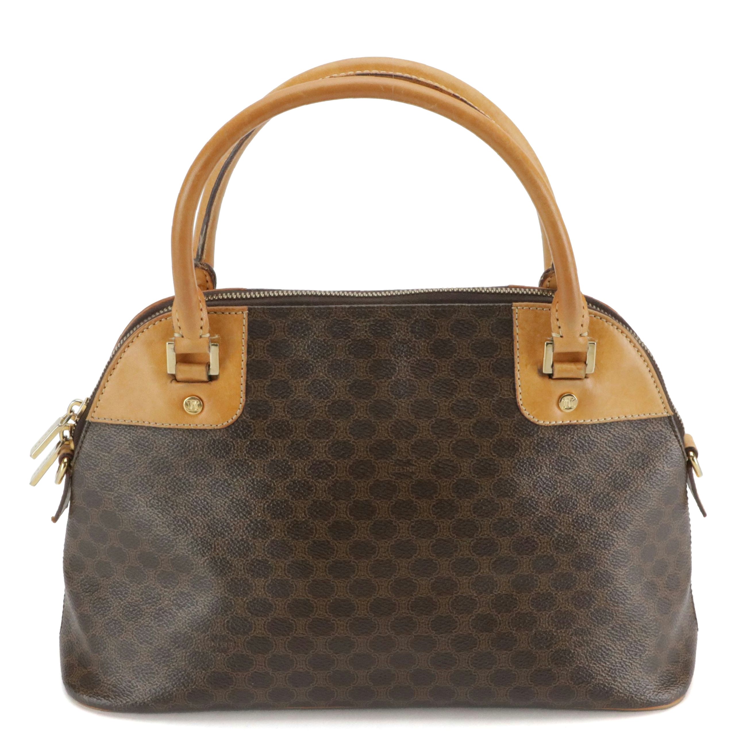 Celine Dome-Top Handbag in Macadam Canvas and Brown Leather