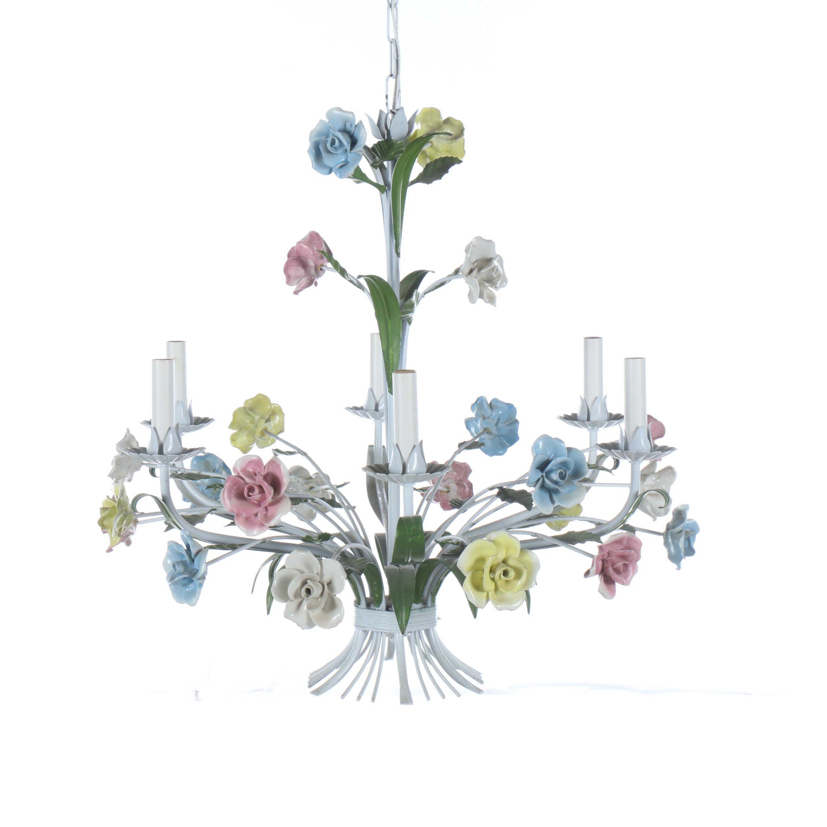 Italian Pastel Porcelain and White Metal Chandelier with Art Glass Pendant