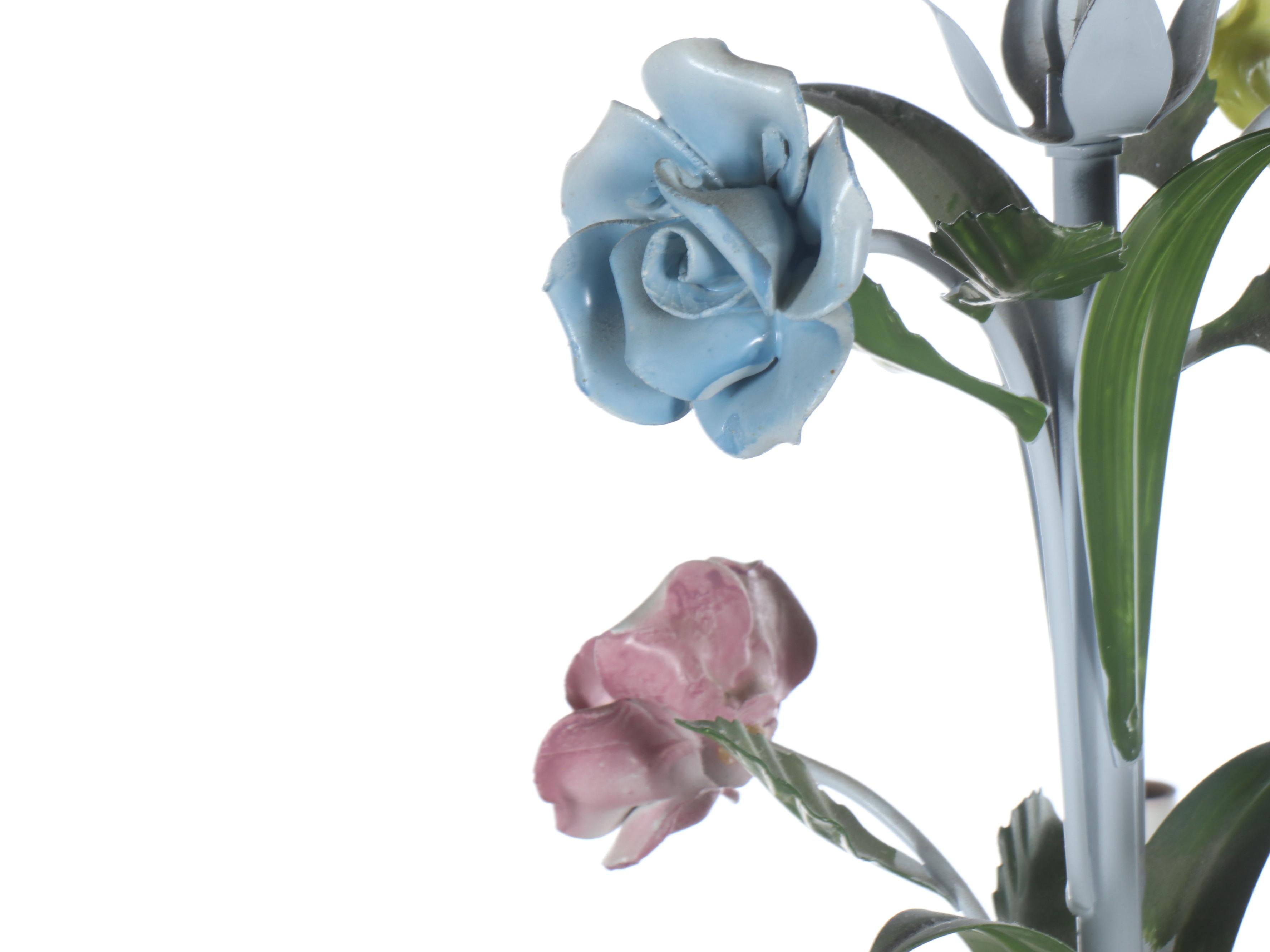 Italian Pastel Porcelain and White Metal Chandelier with Art Glass Pendant