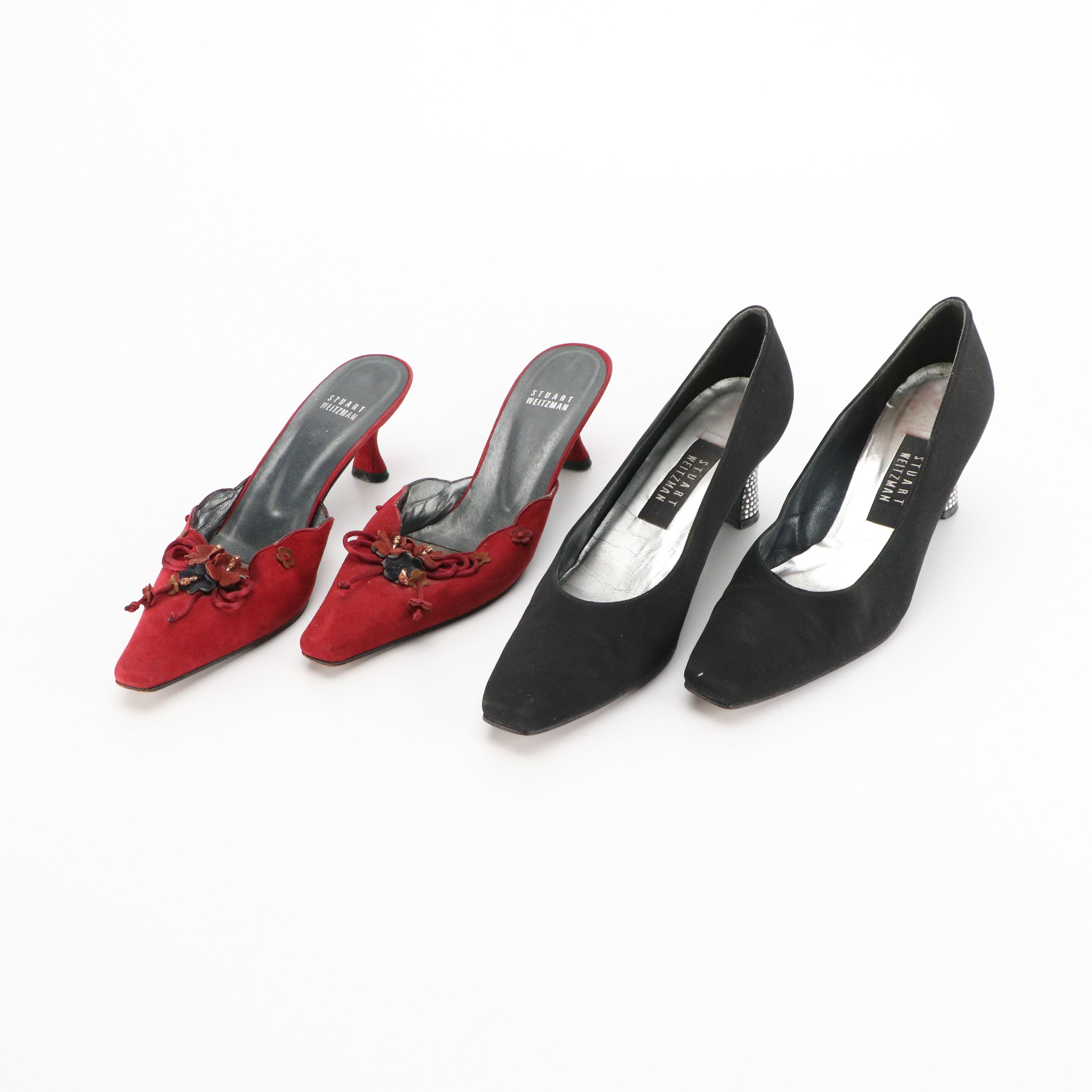 Stuart Weitzman Pointed-Toe Red Suede Kitten Heel & Black Heels