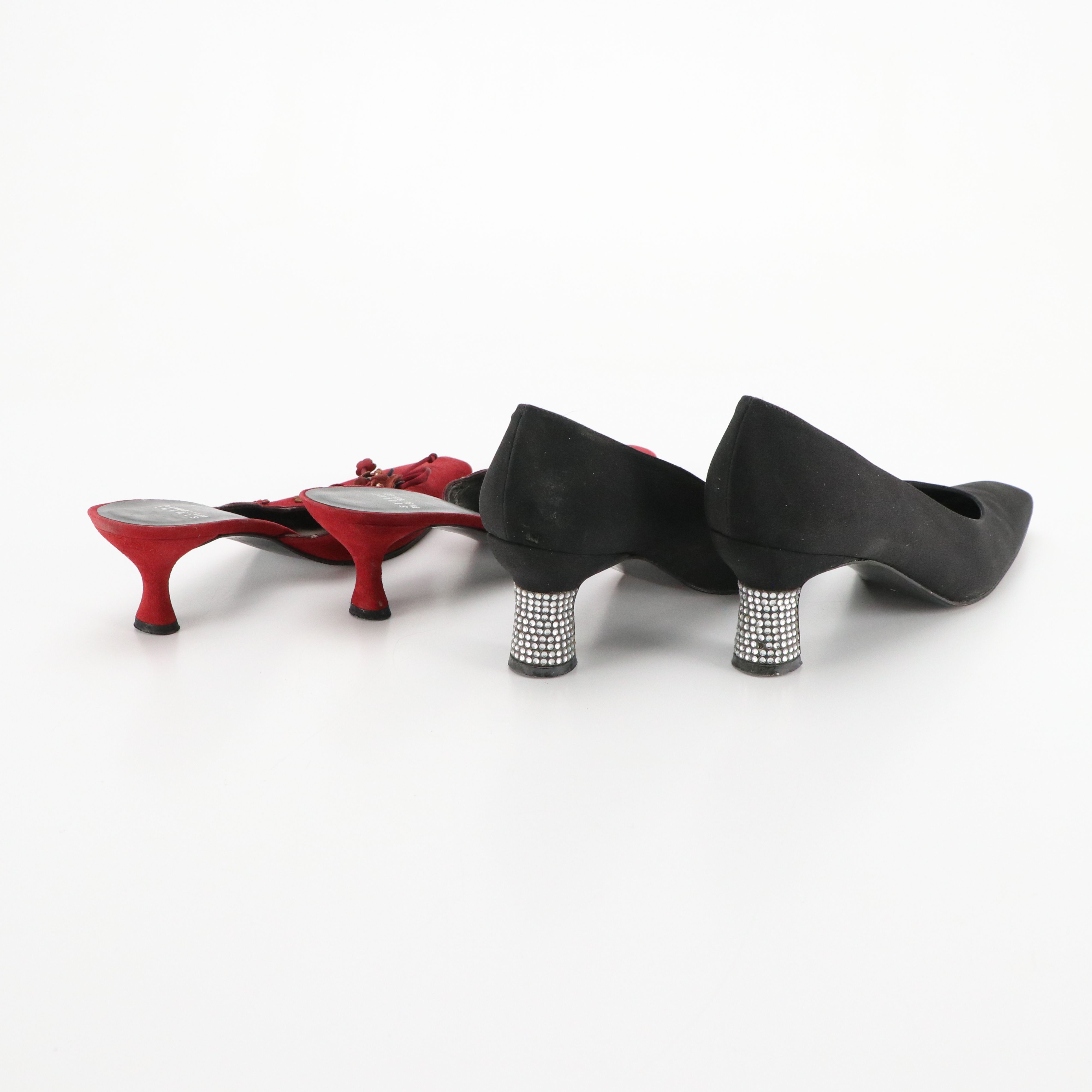 Stuart Weitzman Pointed-Toe Red Suede Kitten Heel & Black Heels