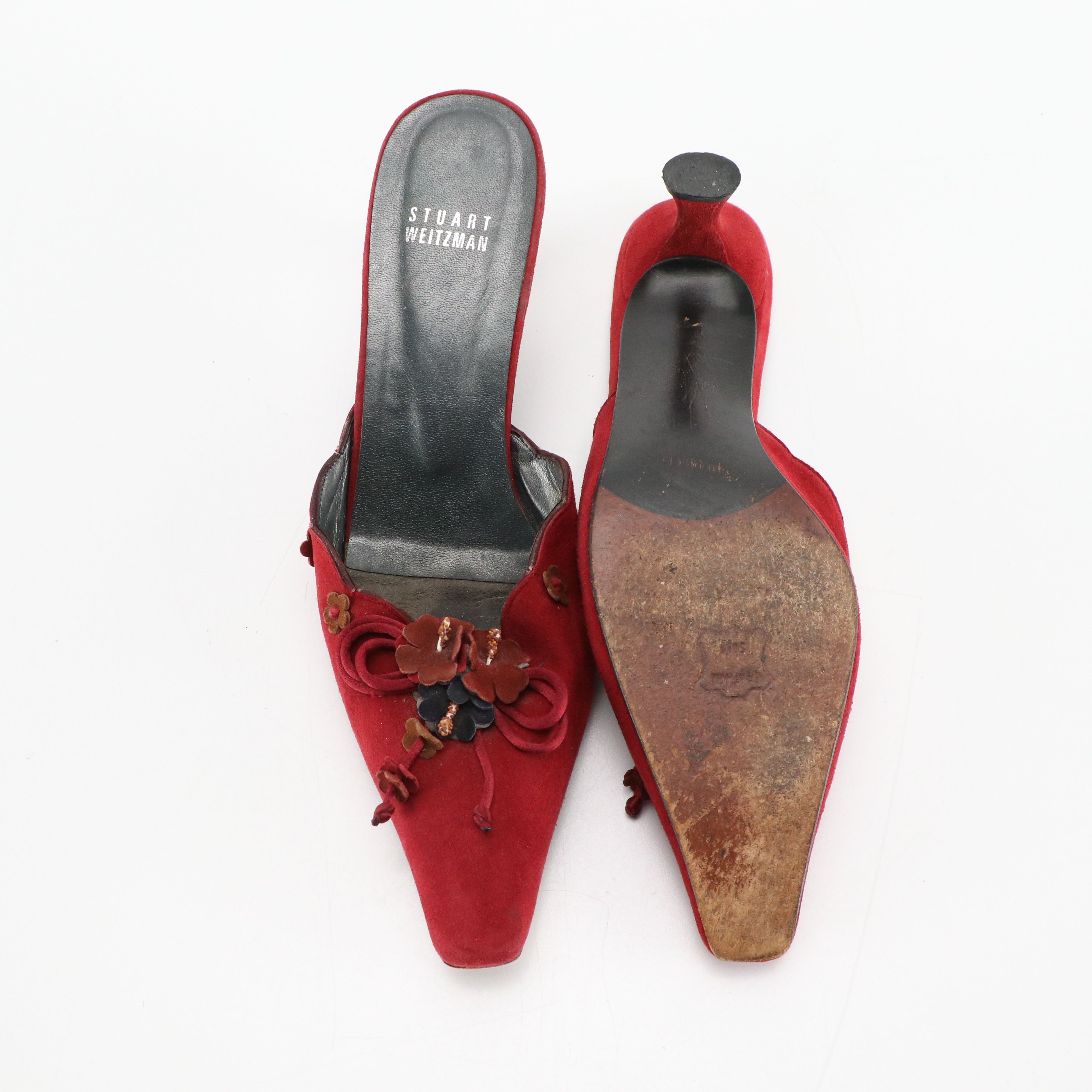 Stuart Weitzman Pointed-Toe Red Suede Kitten Heel & Black Heels