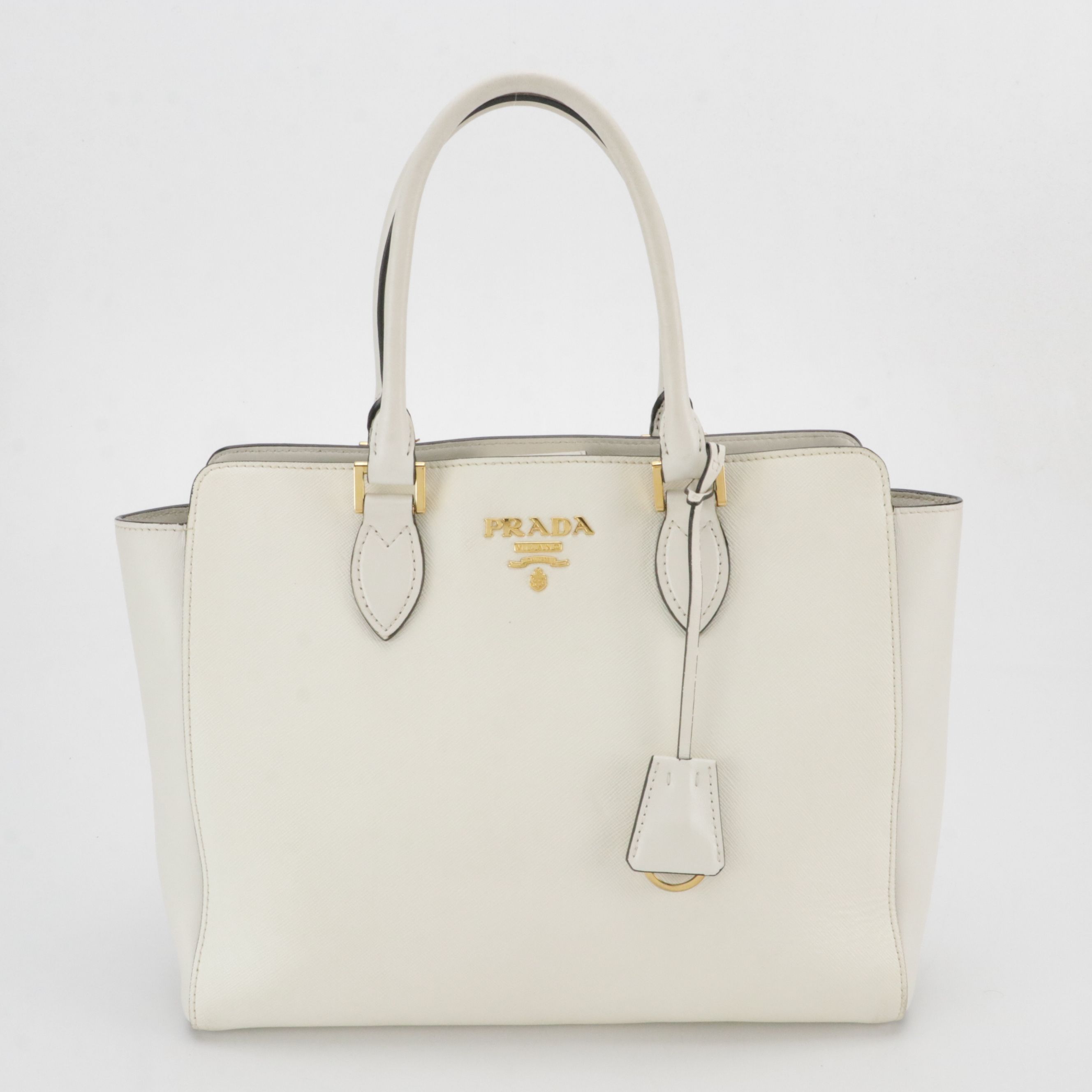 Prada White Saffiano and Smooth Leather Two-Way Tote