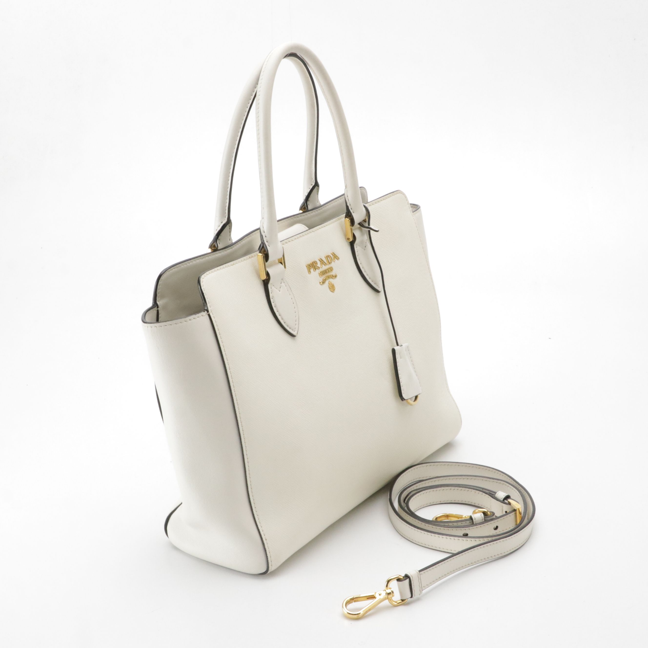Prada White Saffiano and Smooth Leather Two-Way Tote
