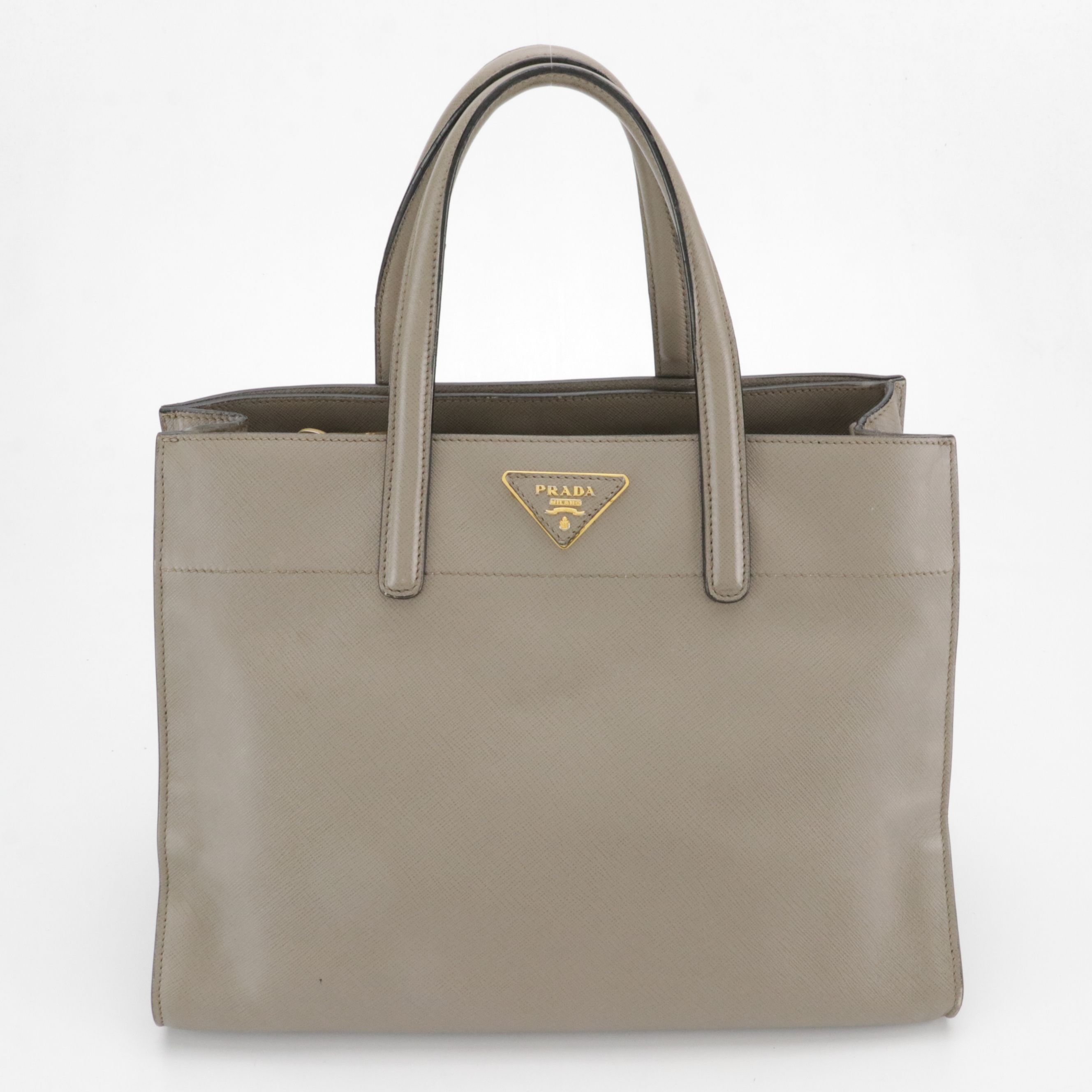 Prada Triple Pocket Saffiano Tote in Beige Leather