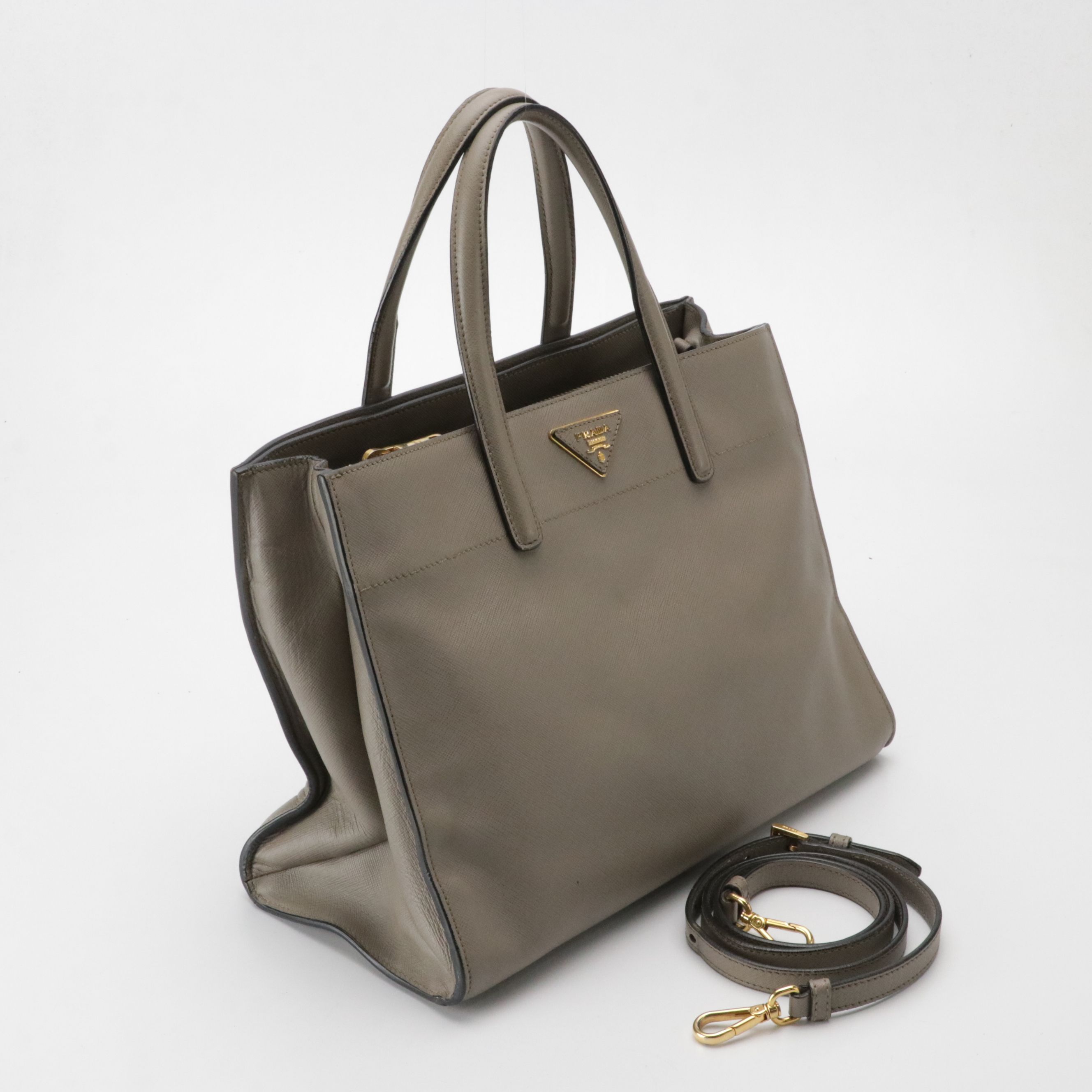 Prada Triple Pocket Saffiano Tote in Beige Leather