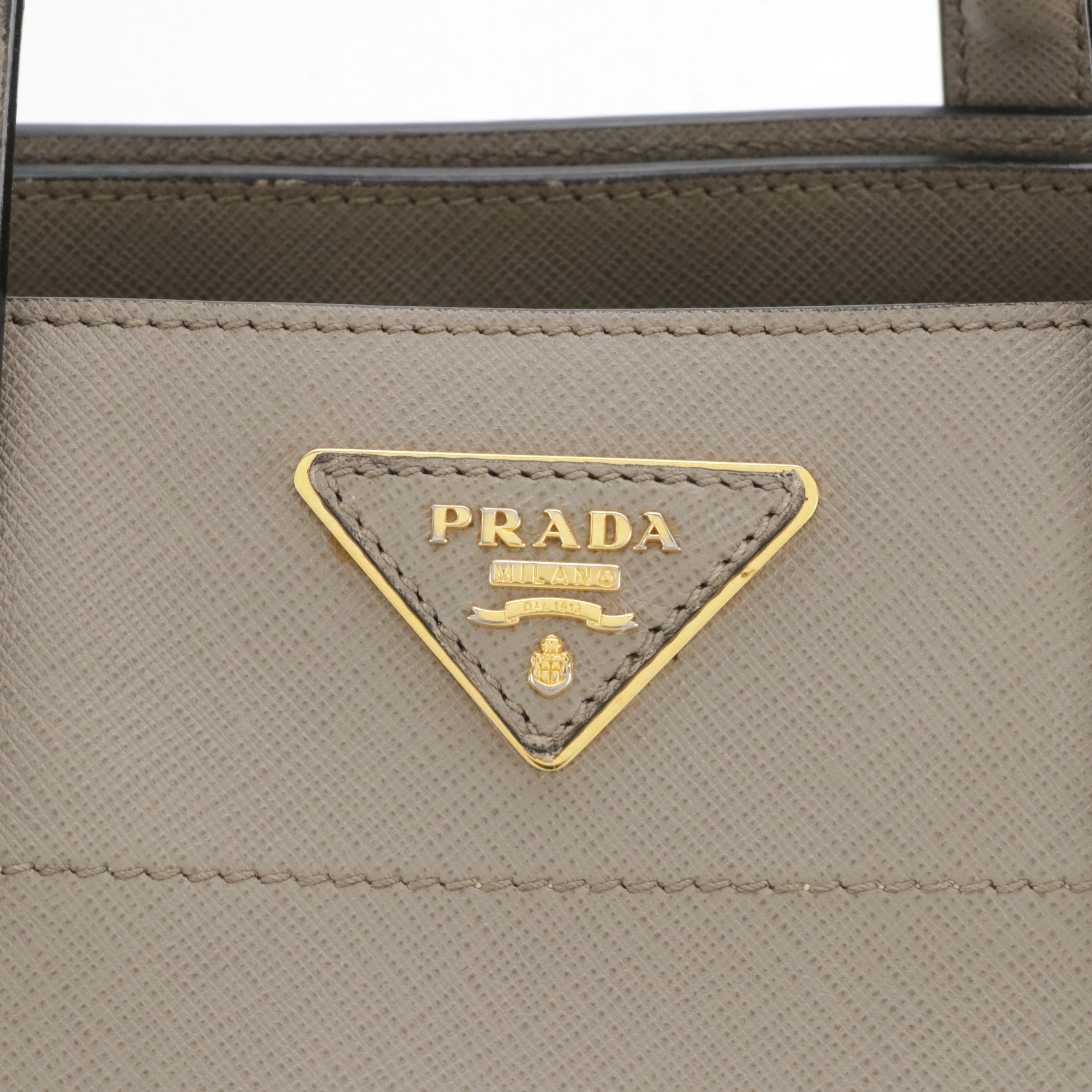 Prada Triple Pocket Saffiano Tote in Beige Leather