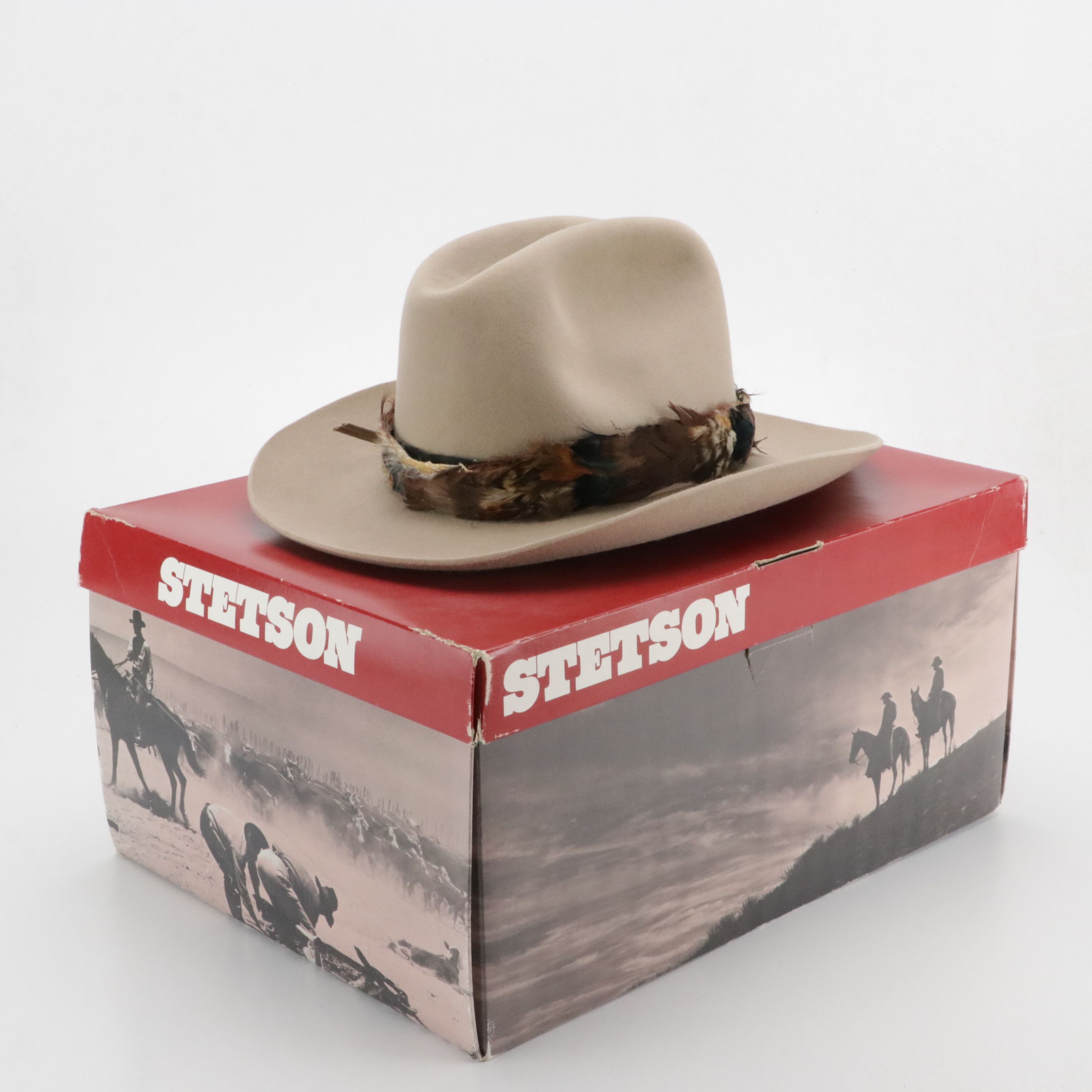 Stetson Cattleman Western Hat in Fur Felt with Feather Hatband and Box