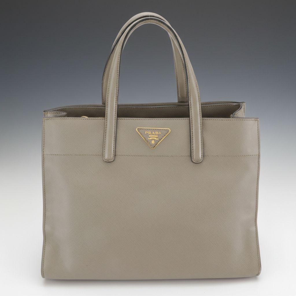 Prada Triple Pocket Saffiano Tote in Beige Leather