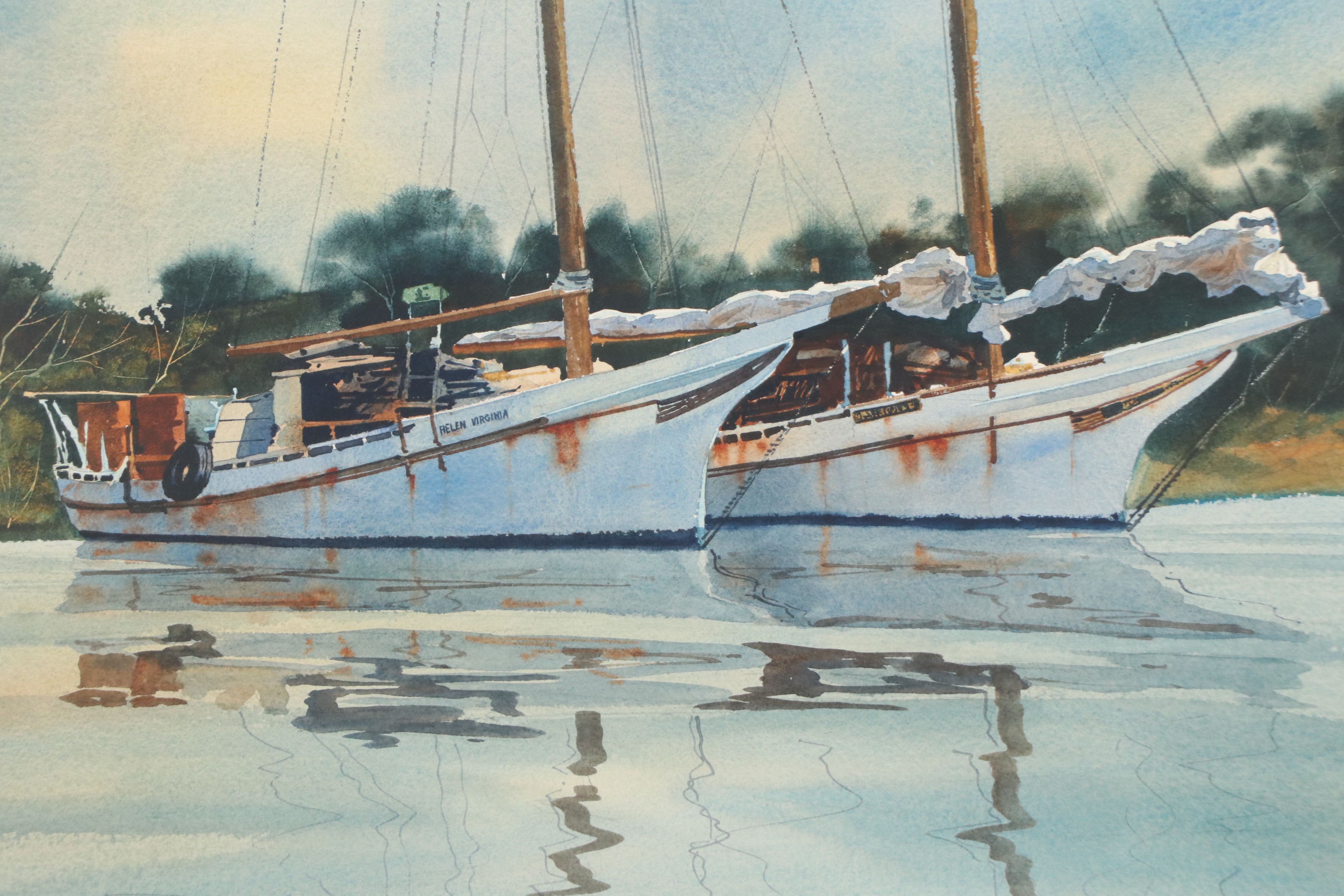 Steve Rogers Nautical Watercolor Painting of Anchored Sailboats