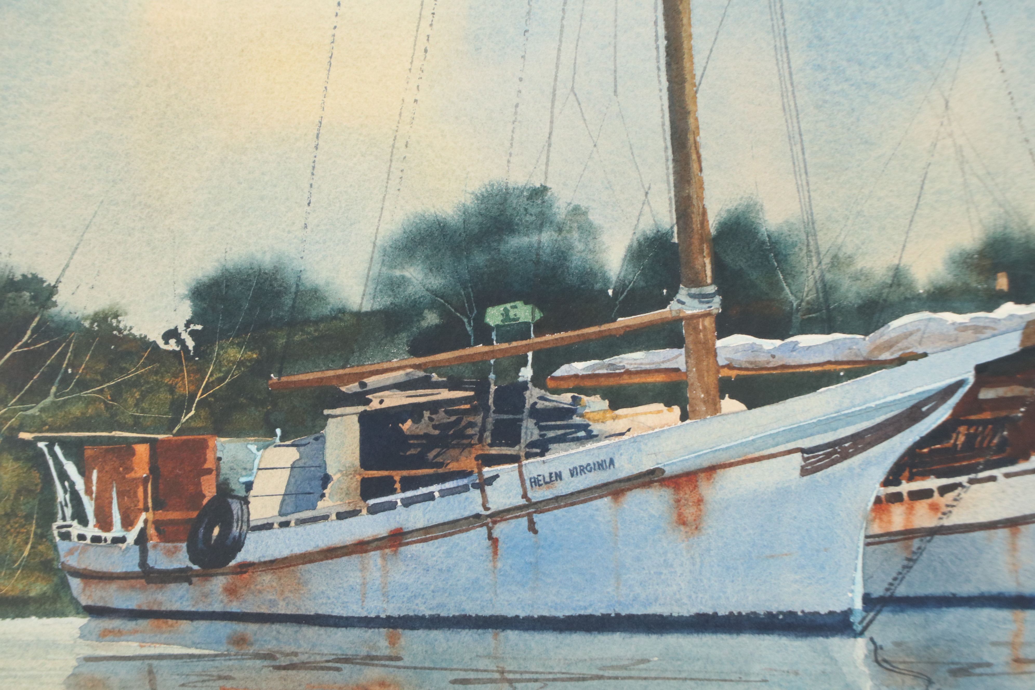 Steve Rogers Nautical Watercolor Painting of Anchored Sailboats