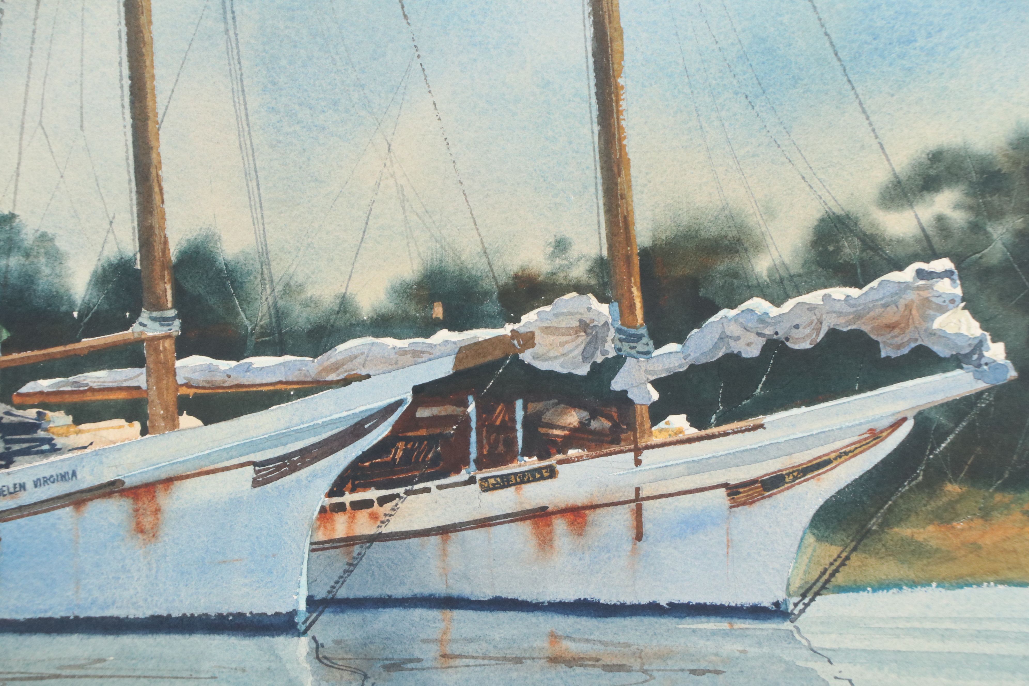 Steve Rogers Nautical Watercolor Painting of Anchored Sailboats