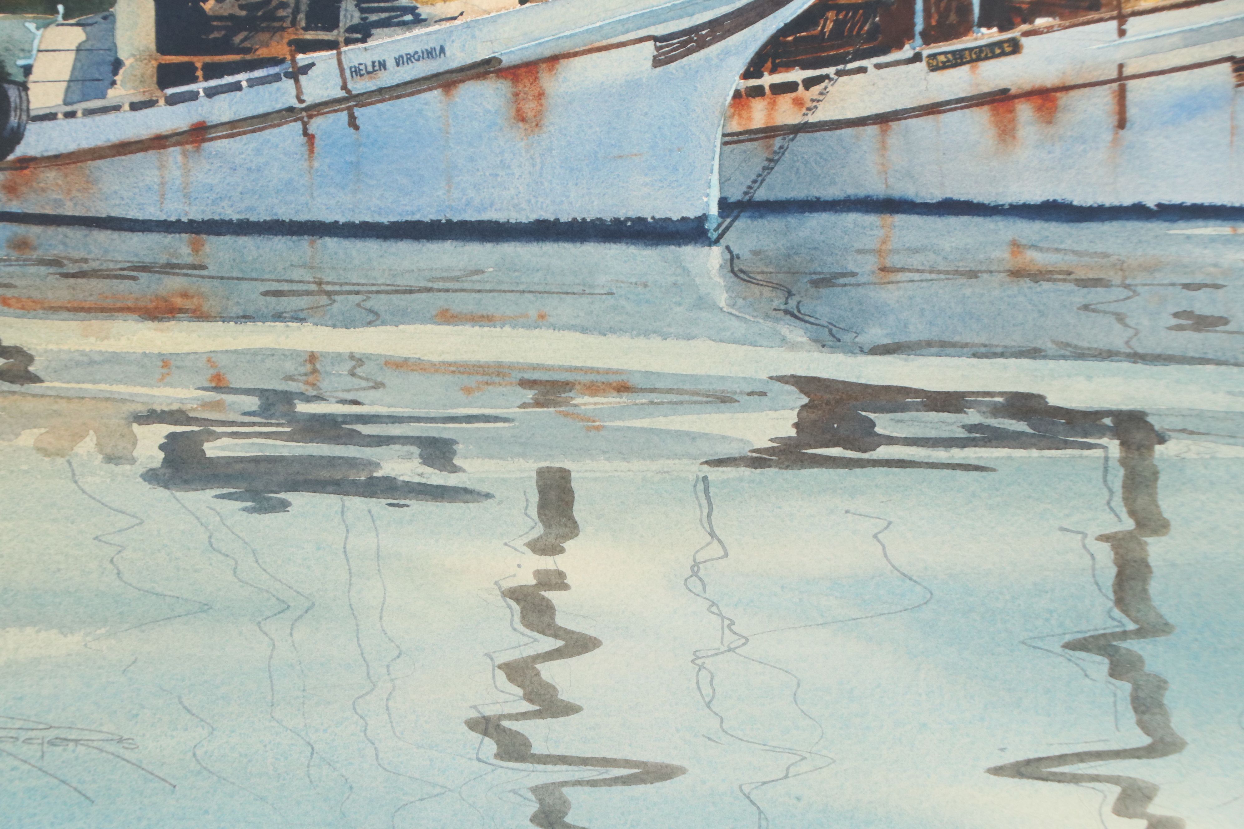 Steve Rogers Nautical Watercolor Painting of Anchored Sailboats