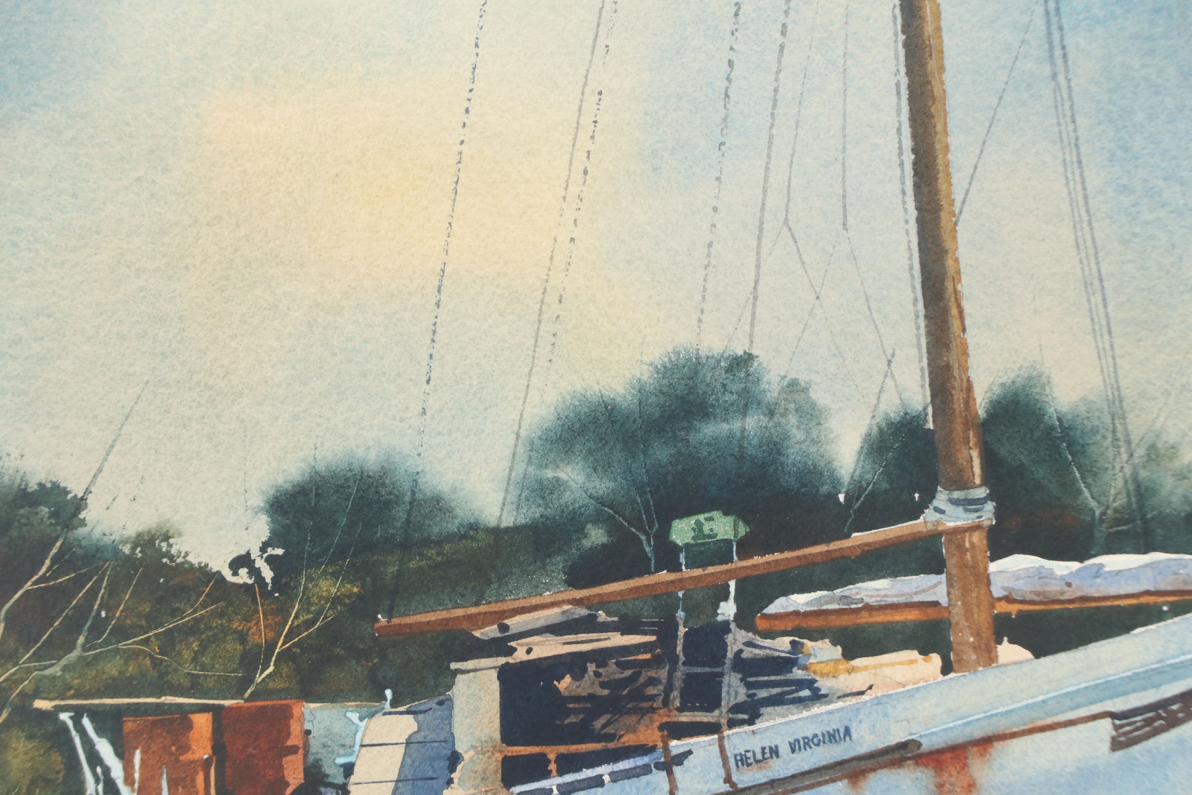 Steve Rogers Nautical Watercolor Painting of Anchored Sailboats