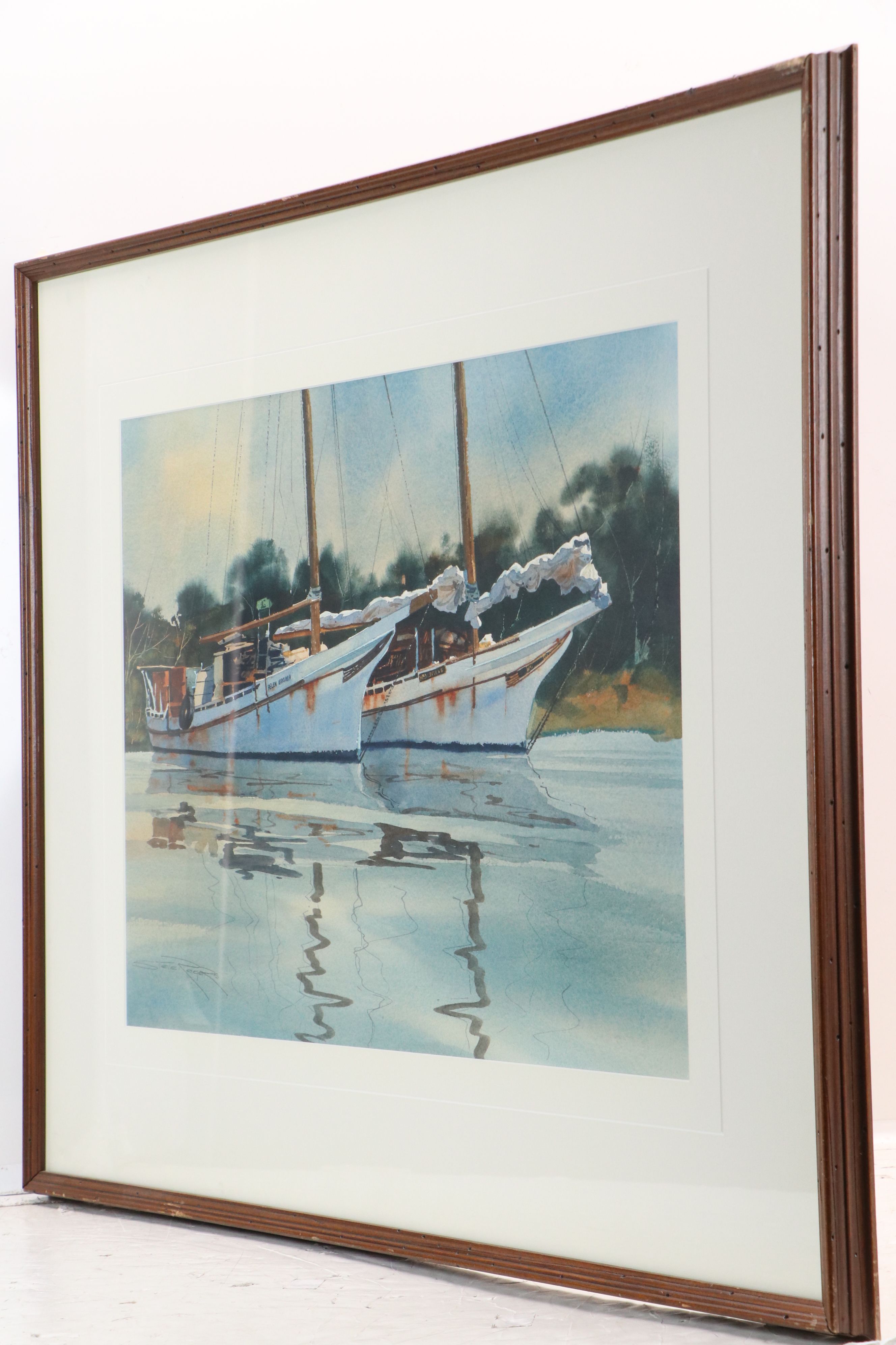 Steve Rogers Nautical Watercolor Painting of Anchored Sailboats