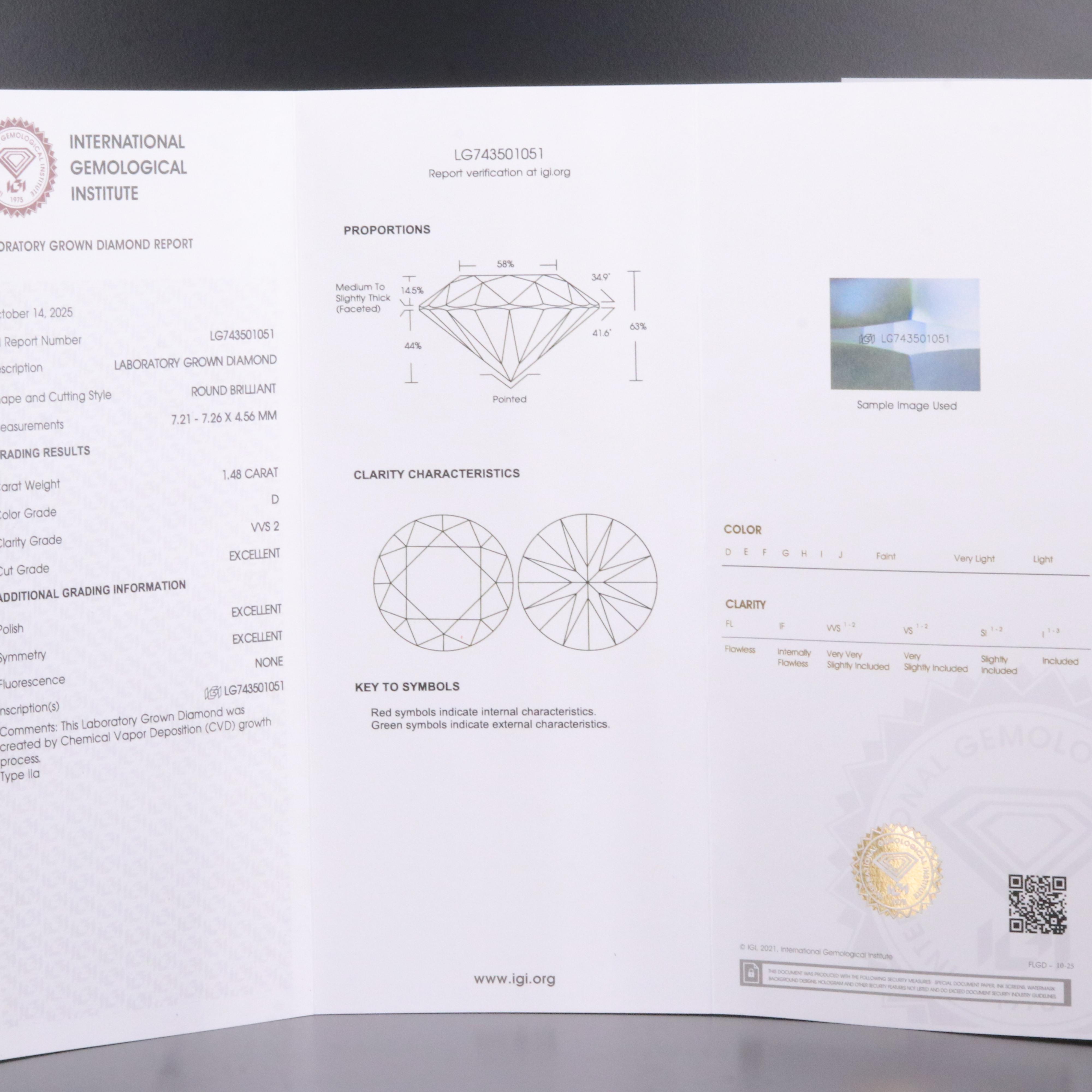 Loose 1.48 CT Lab Grown Diamond with IGI Report