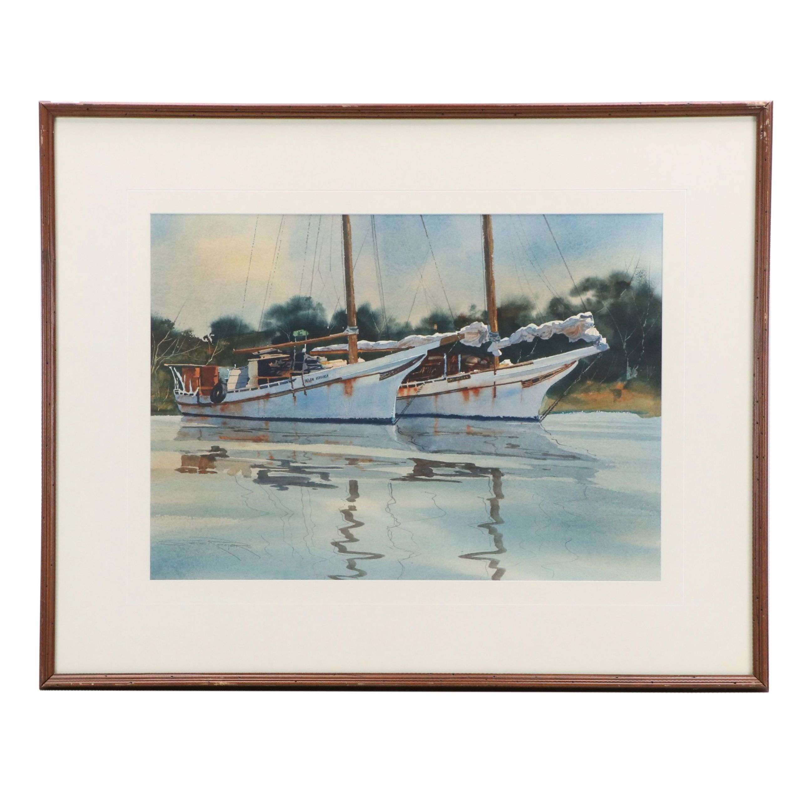 Steve Rogers Nautical Watercolor Painting of Anchored Sailboats