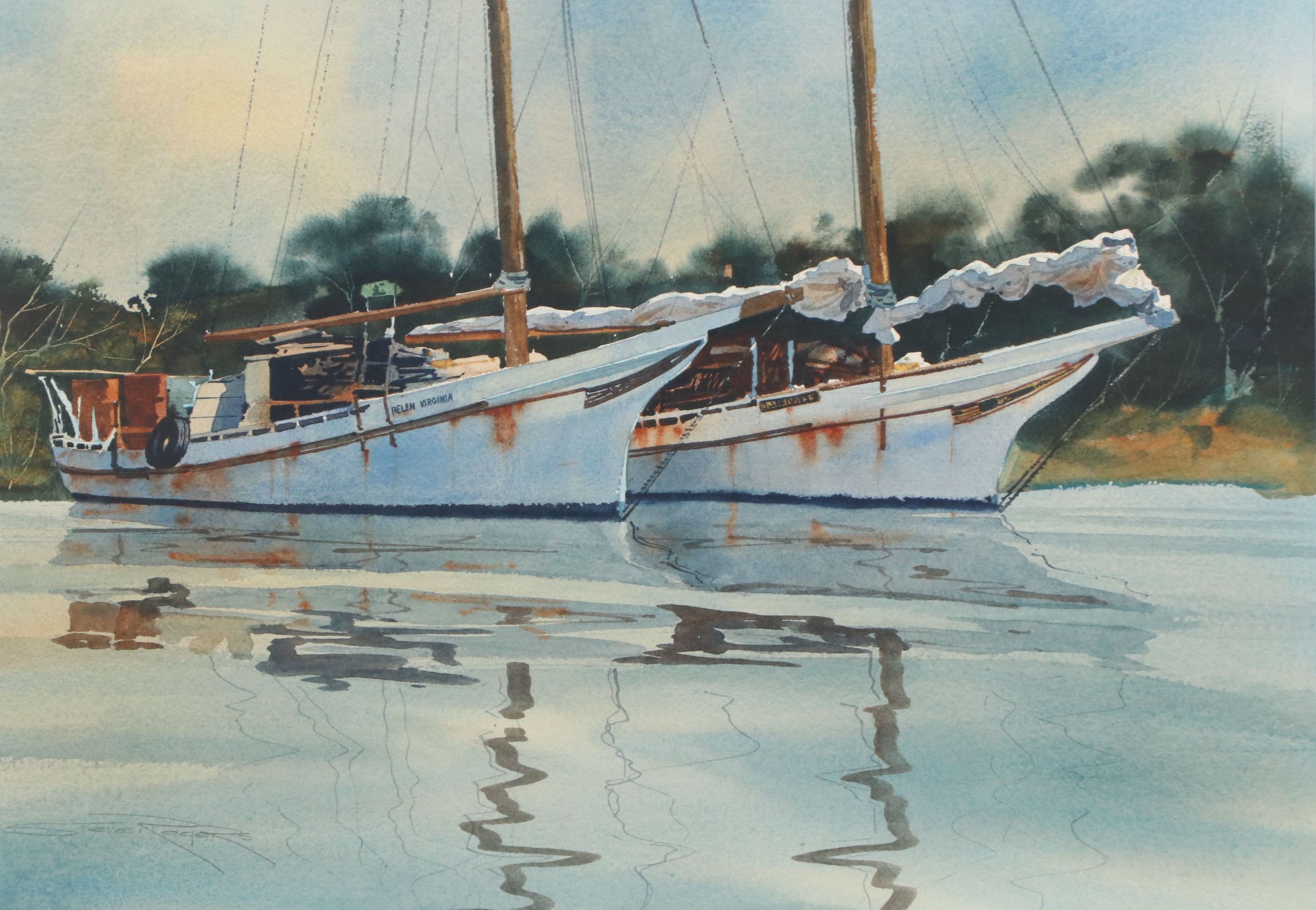 Steve Rogers Nautical Watercolor Painting of Anchored Sailboats