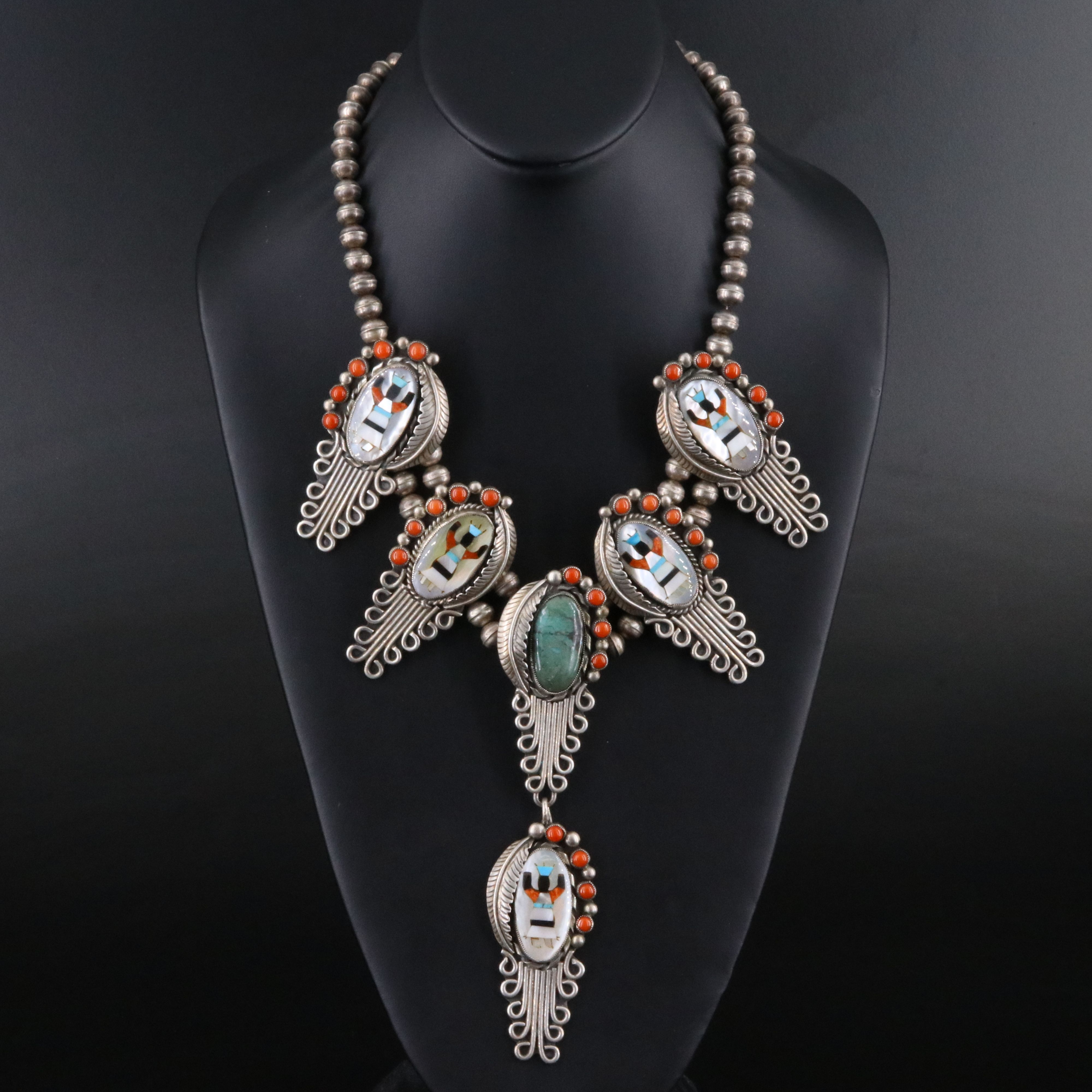 Southwestern Signed Sterling Inlay Gan Dancer Necklace Including Mother-of-Pearl