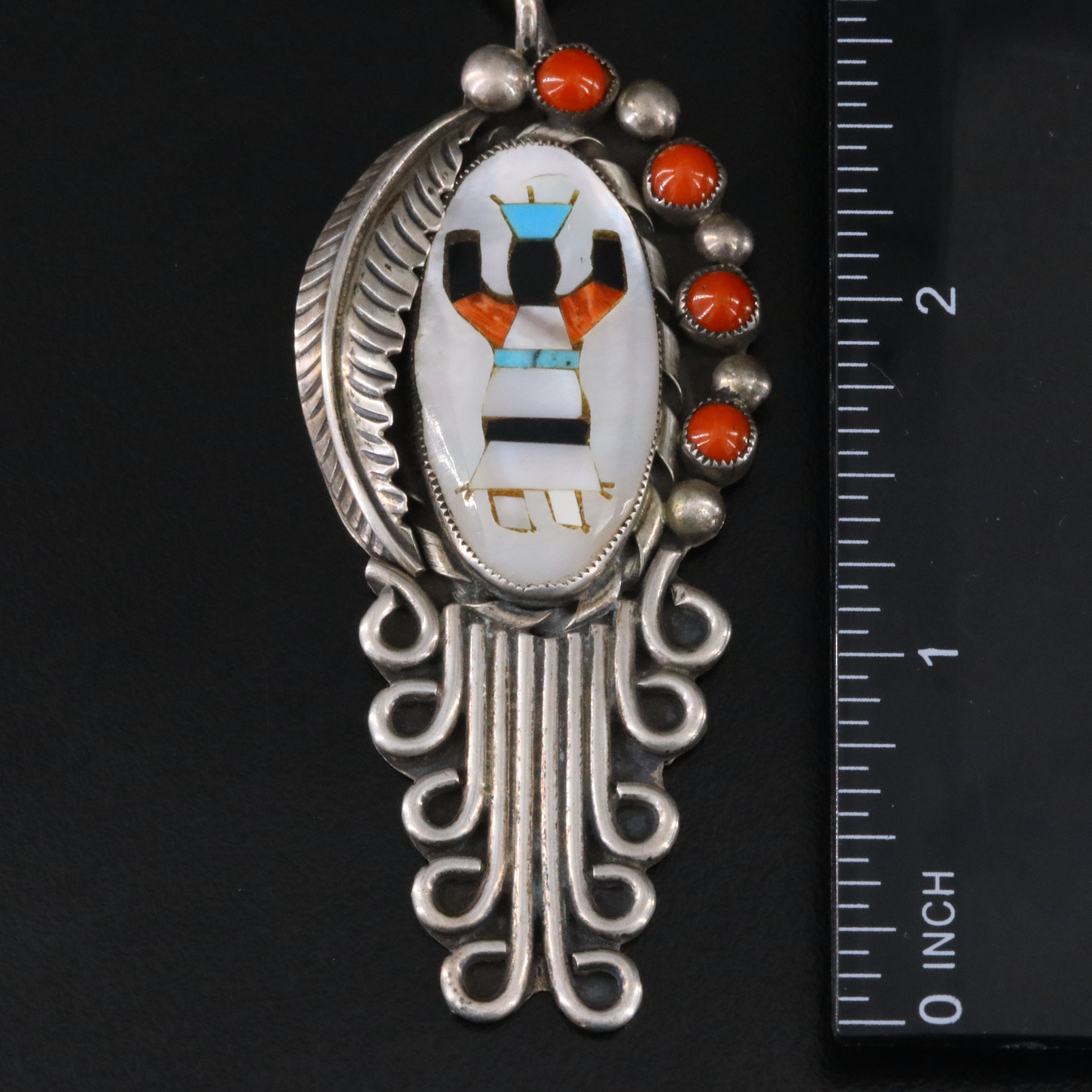 Southwestern Signed Sterling Inlay Gan Dancer Necklace Including Mother-of-Pearl