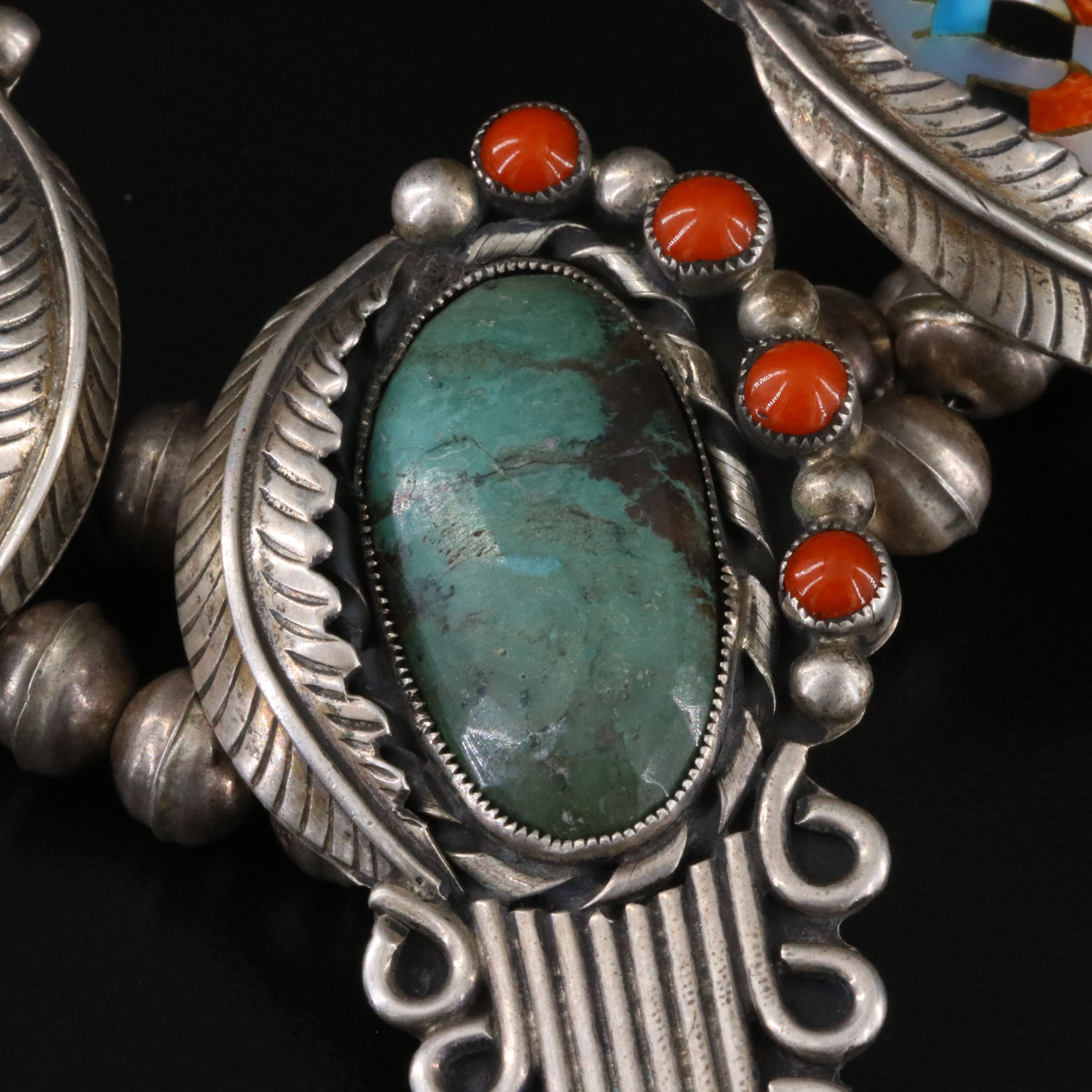 Southwestern Signed Sterling Inlay Gan Dancer Necklace Including Mother-of-Pearl