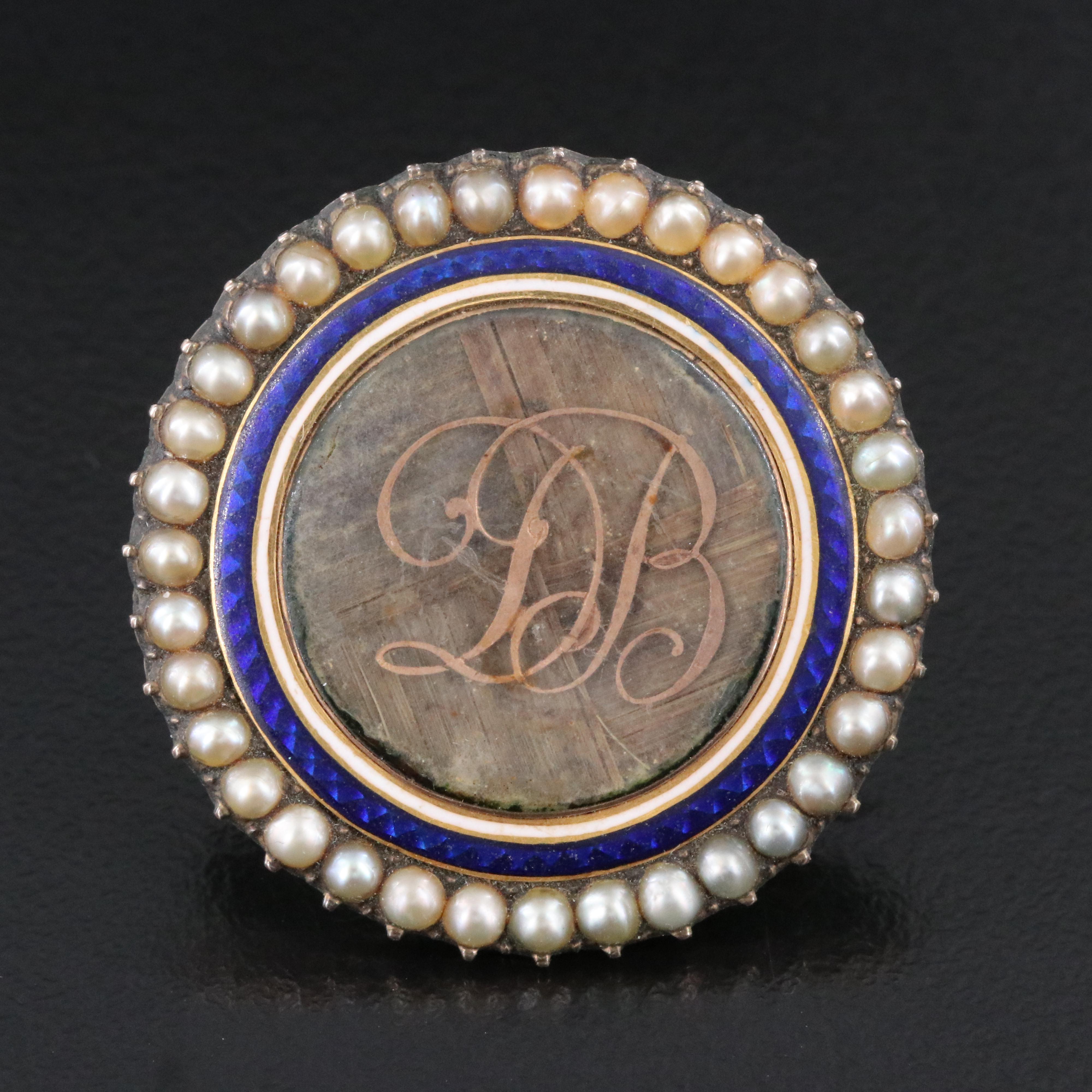 Victorian Mourning Hair Locket Brooch Including Enamel and Seed Pearls