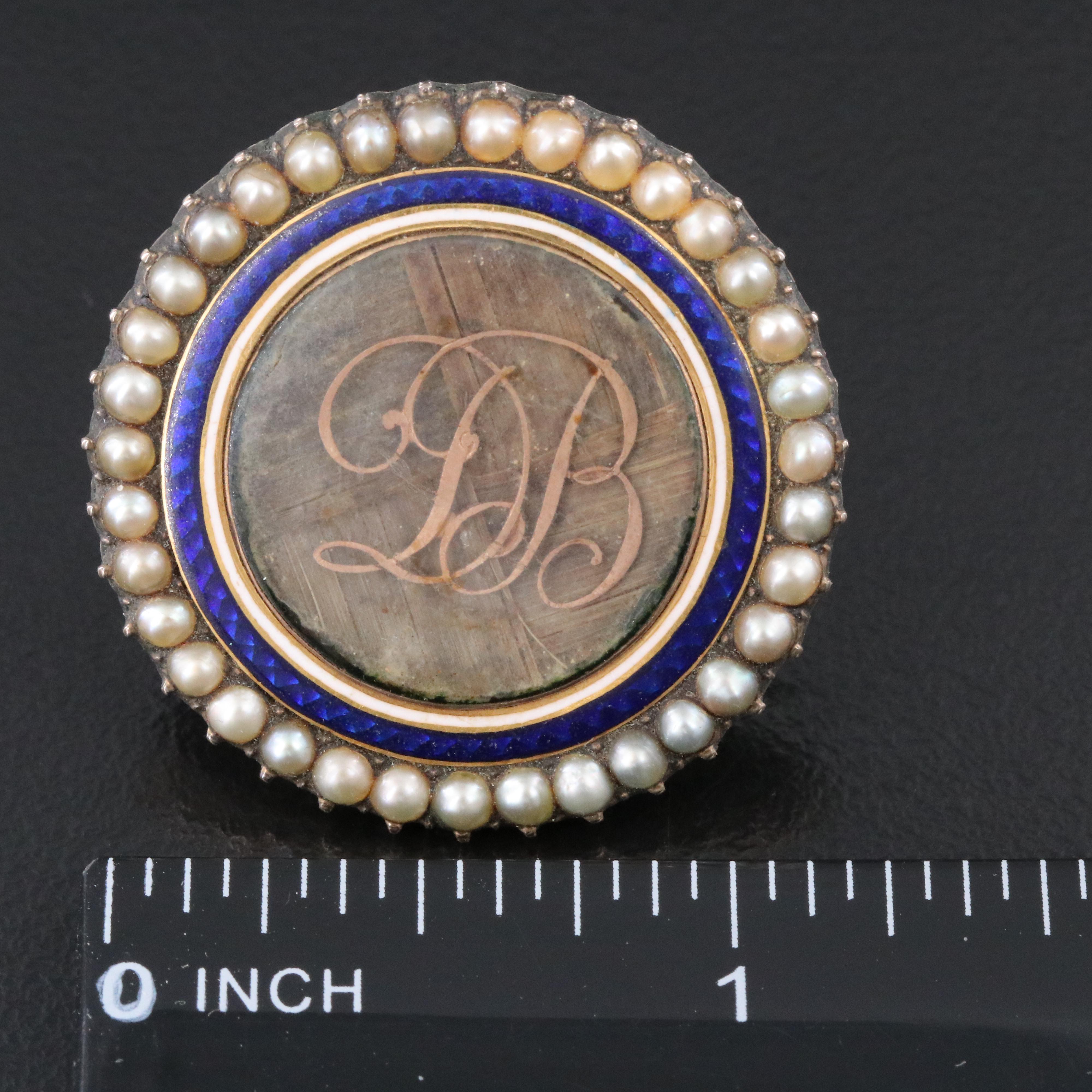 Victorian Mourning Hair Locket Brooch Including Enamel and Seed Pearls