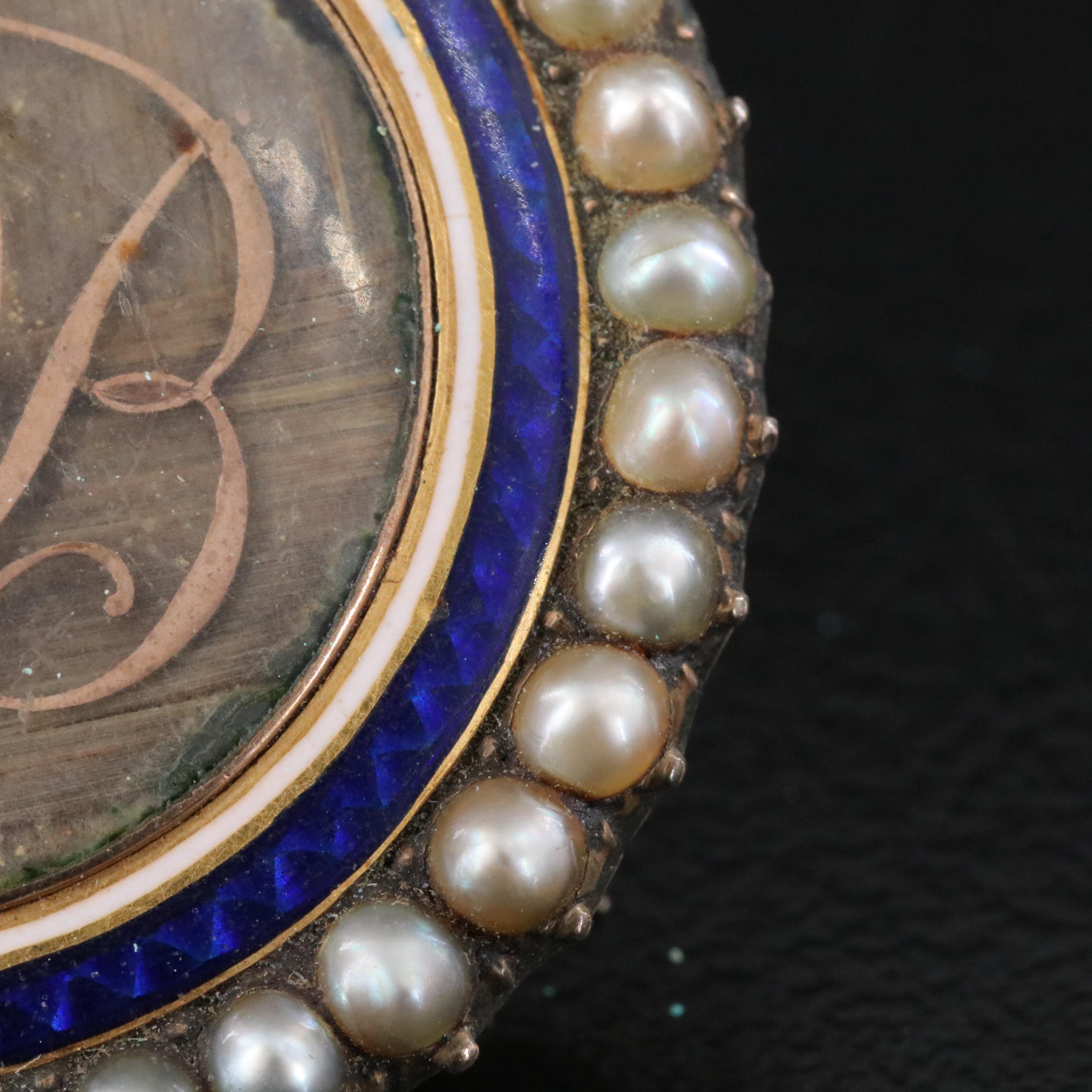 Victorian Mourning Hair Locket Brooch Including Enamel and Seed Pearls