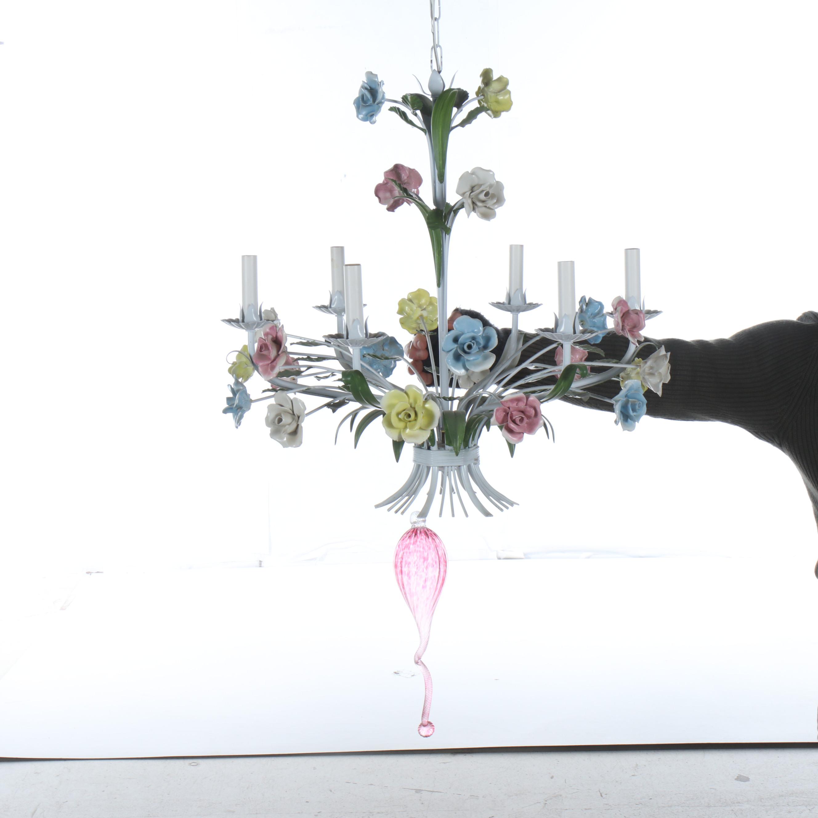 Italian Pastel Porcelain and White Metal Chandelier with Art Glass Pendant