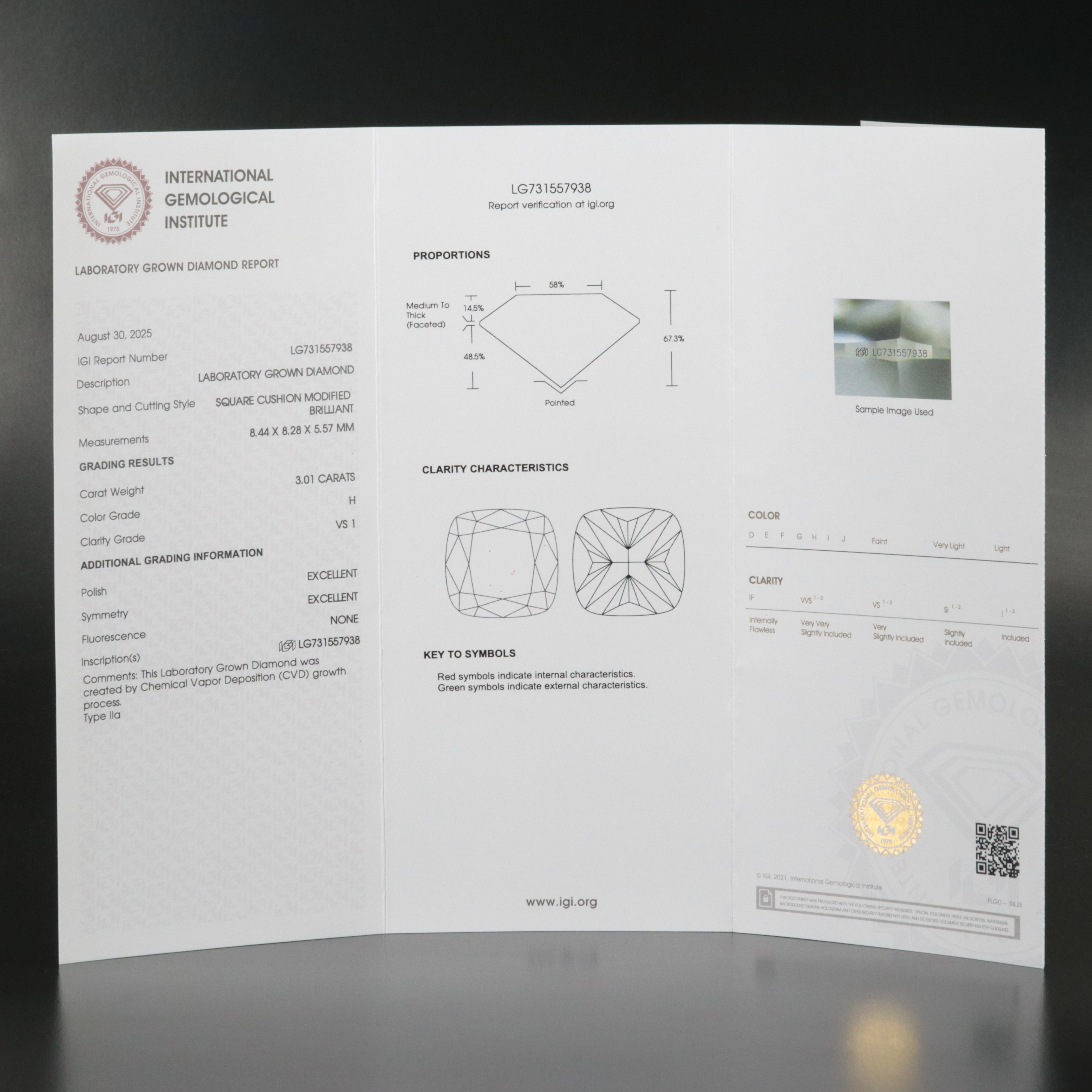 Loose 3.01 CT Lab Grown Diamond with IGI Report