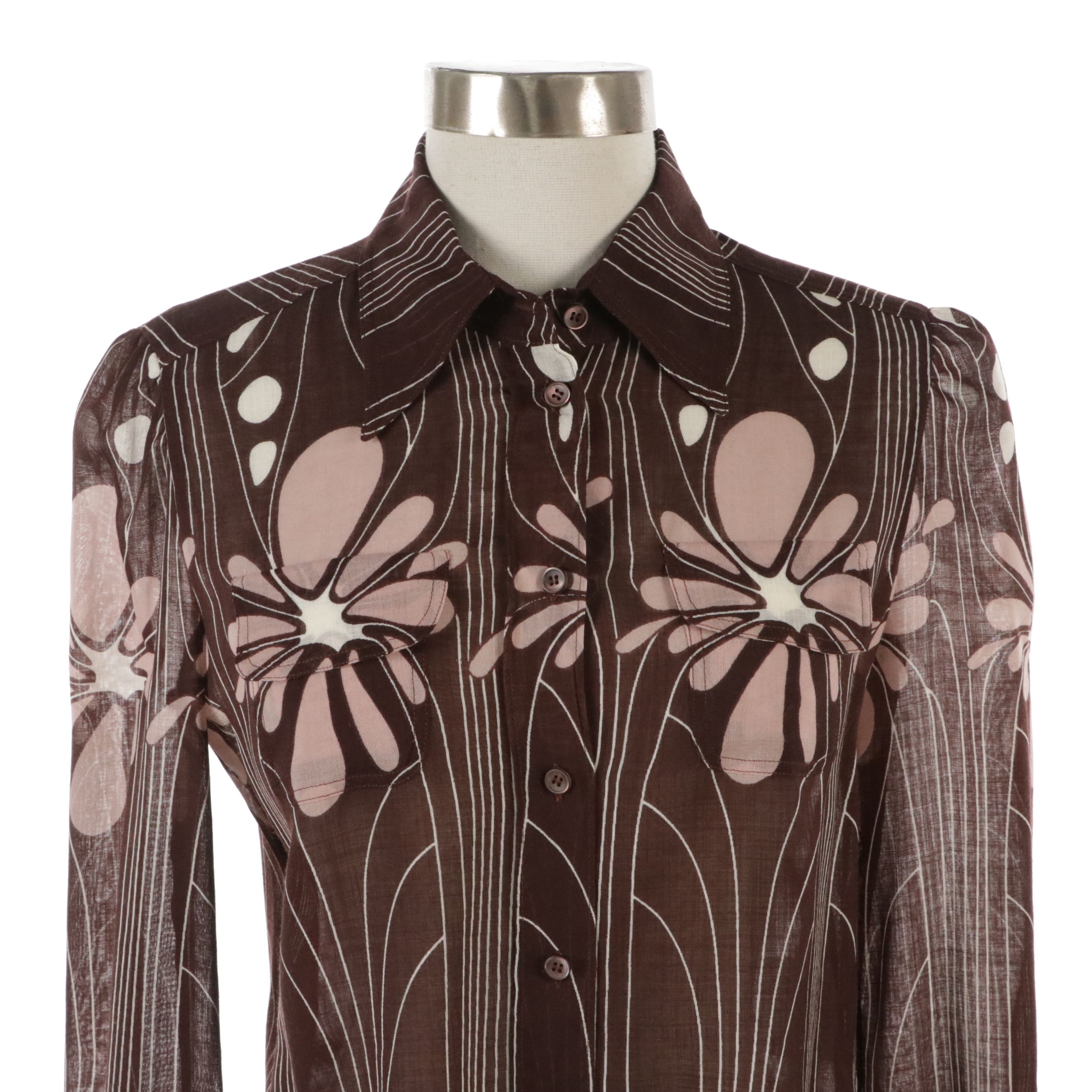 Miu Miu Printed Button-Up Blouse in Sheer Wool Blend, With Tag