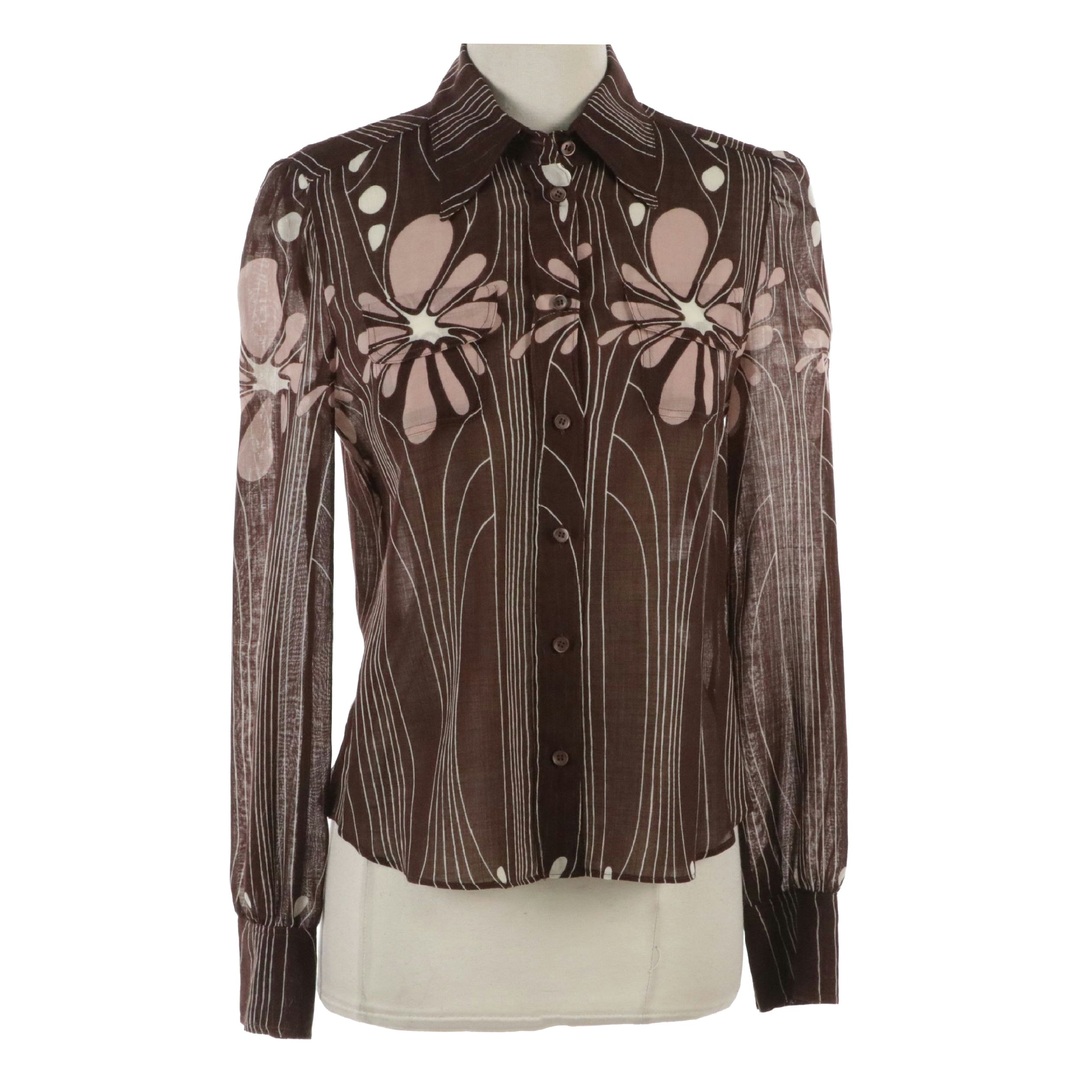 Miu Miu Printed Button-Up Blouse in Sheer Wool Blend, With Tag