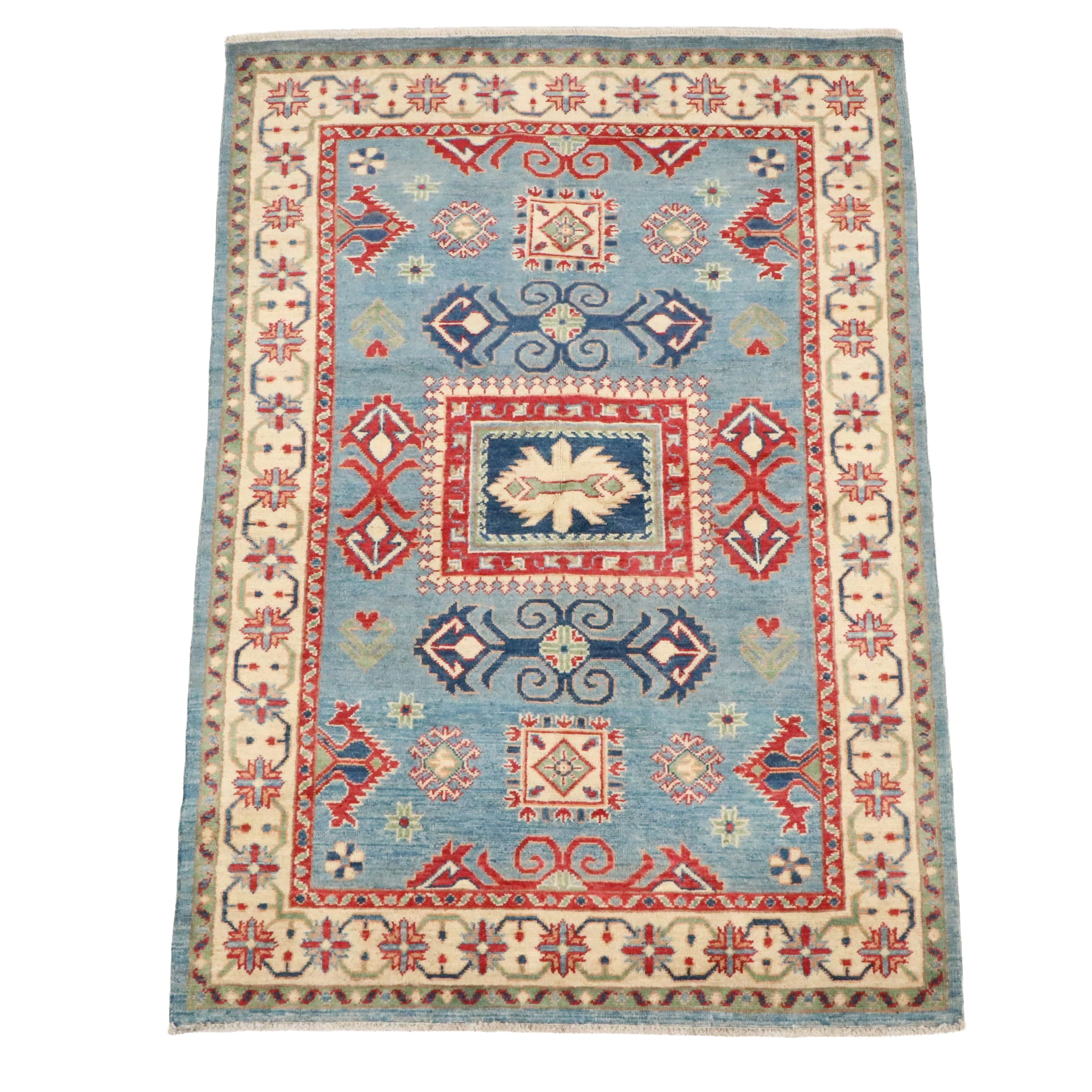 4'1 x 6' Hand-Knotted Pakistani Kazak Area Rug