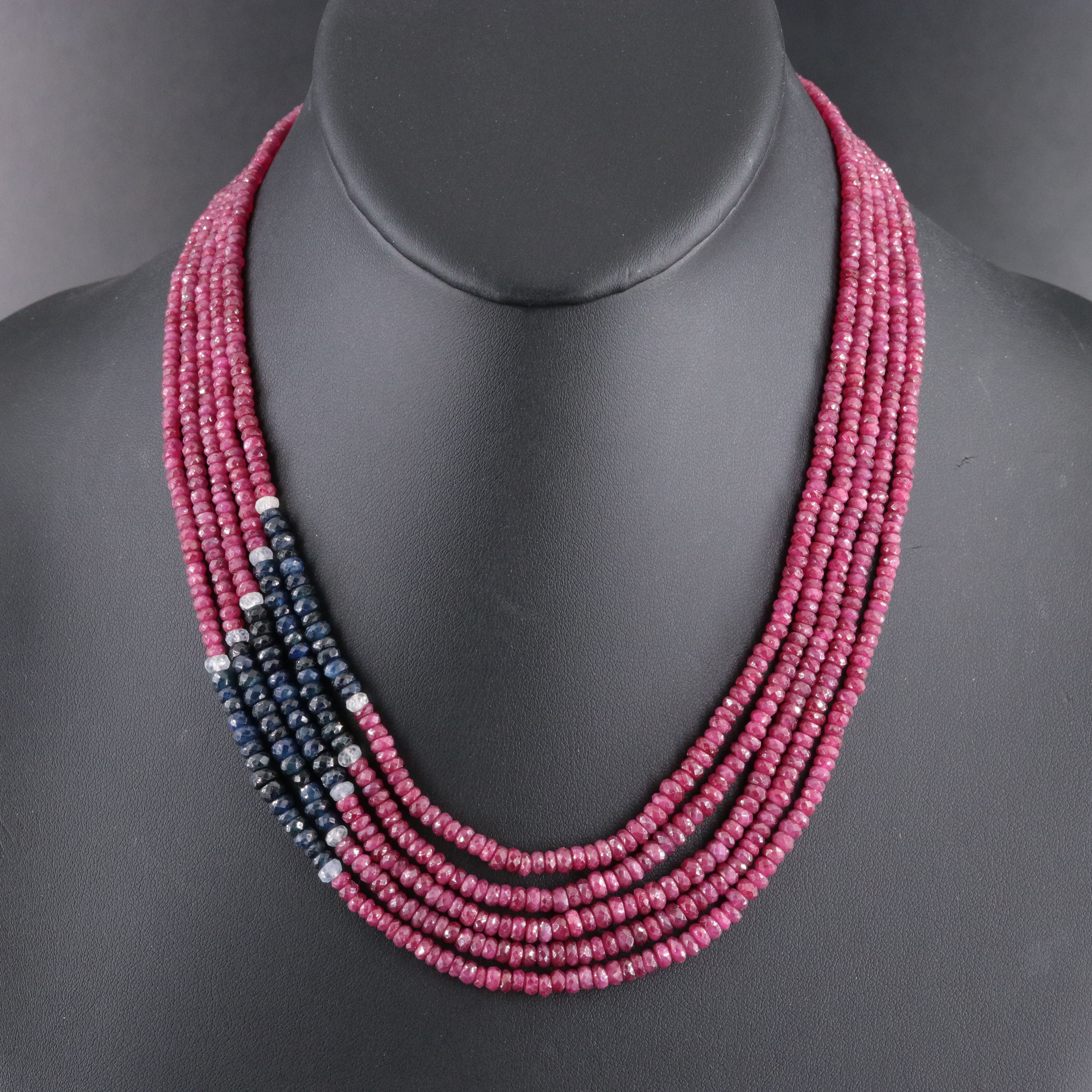 Ruby, Sapphire and White Sapphire Layered Necklace with 14K Clasp