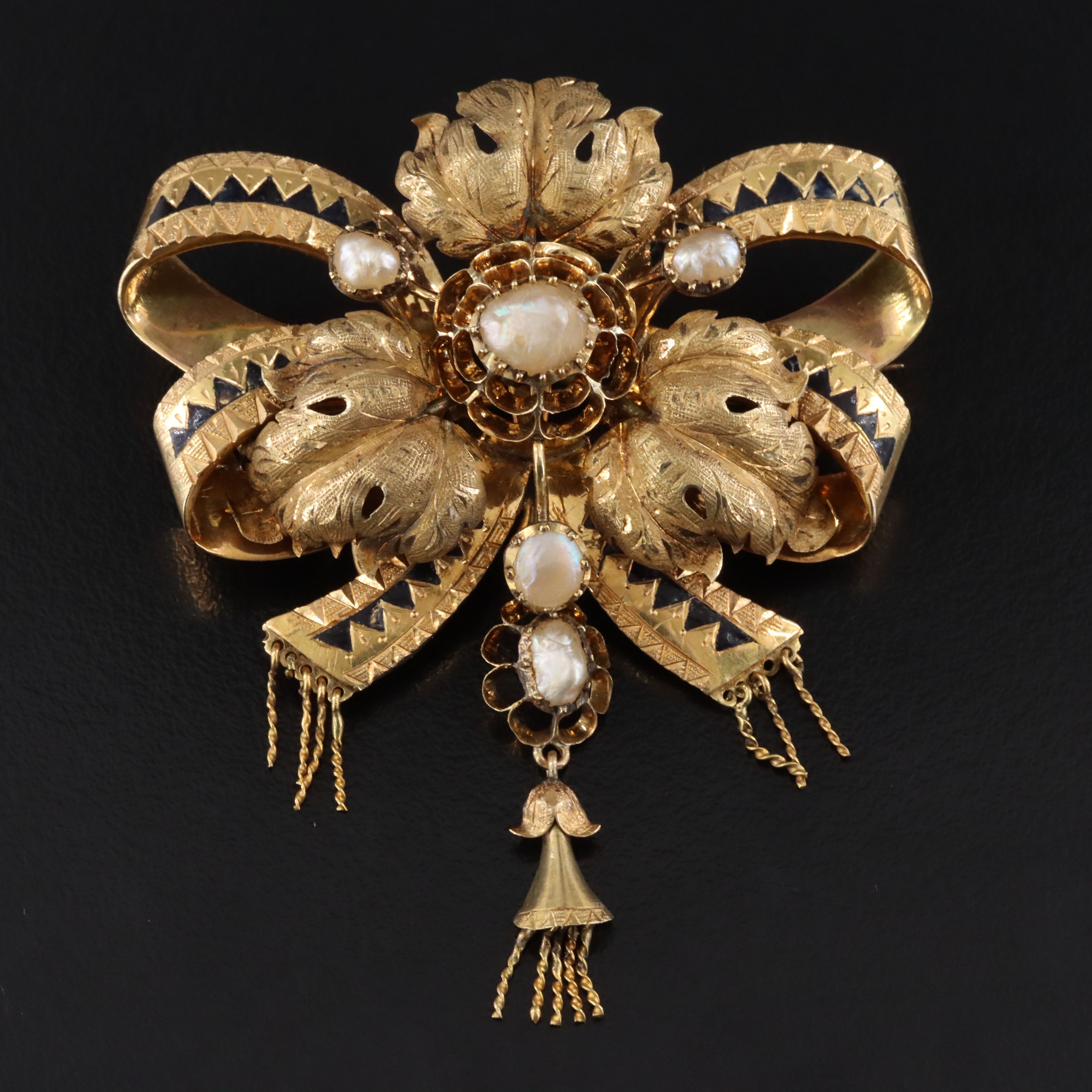 Late Victorian Mourning 18K Pearl and Enamel Bow Brooch