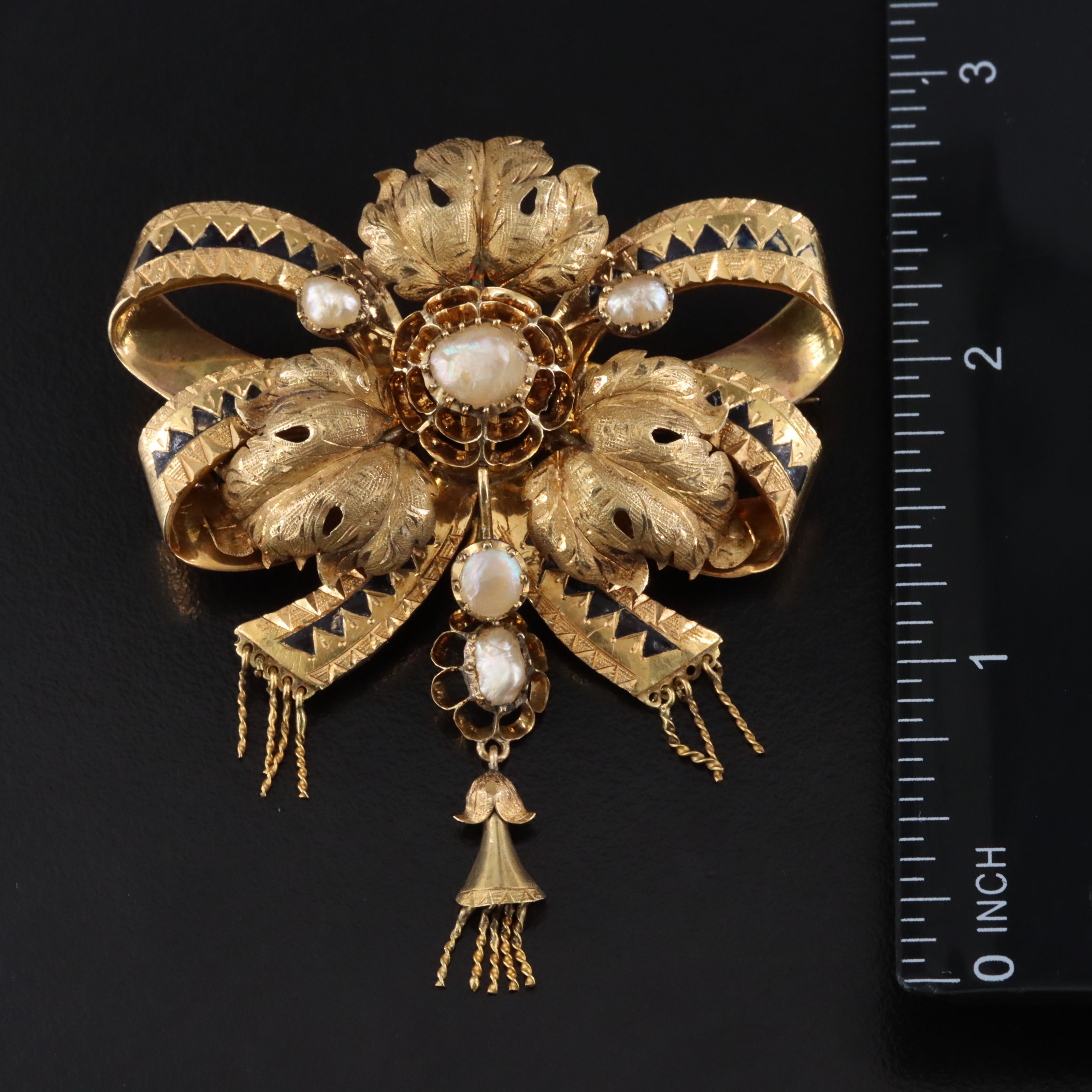 Late Victorian Mourning 18K Pearl and Enamel Bow Brooch