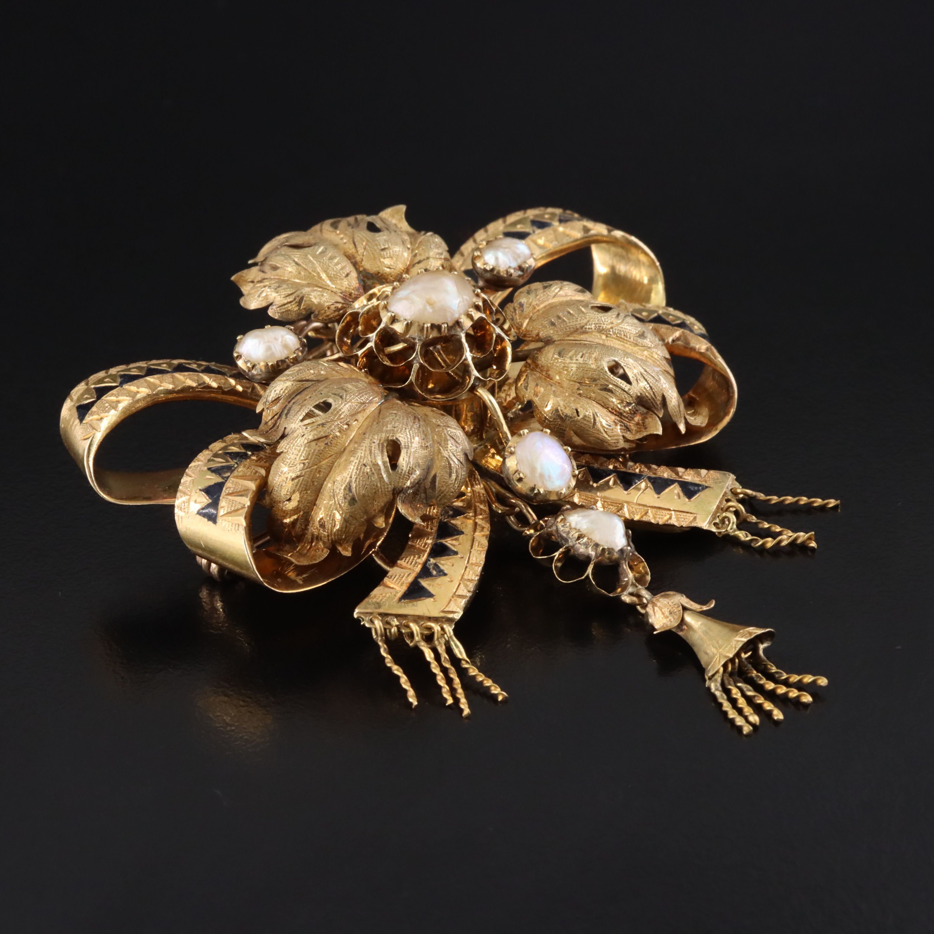 Late Victorian Mourning 18K Pearl and Enamel Bow Brooch